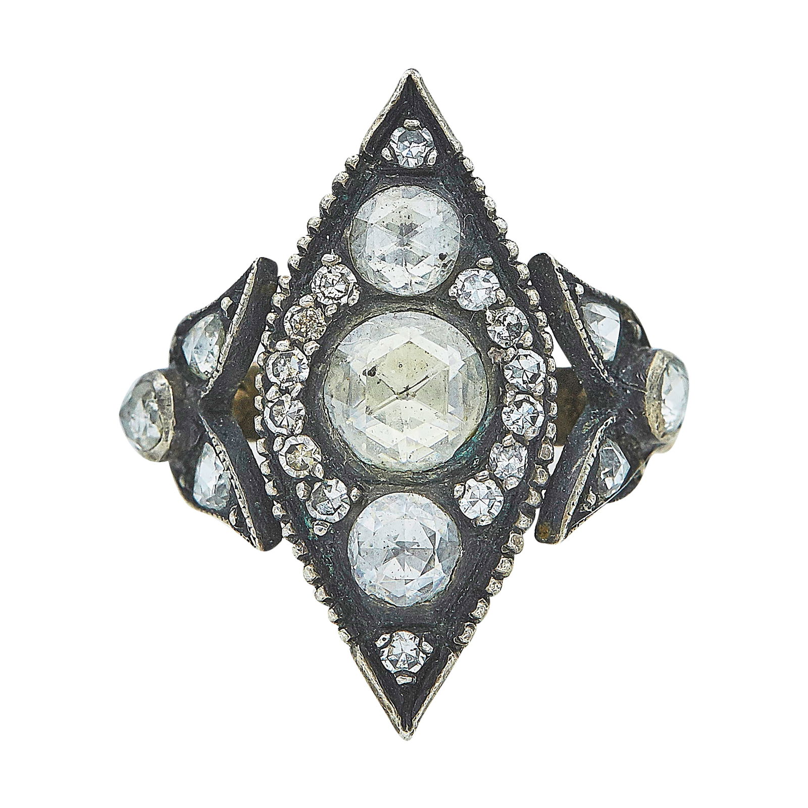 14K Yellow Gold And Blackened Silver Rose Cut Diamond Plaque Ring (1 of 3)