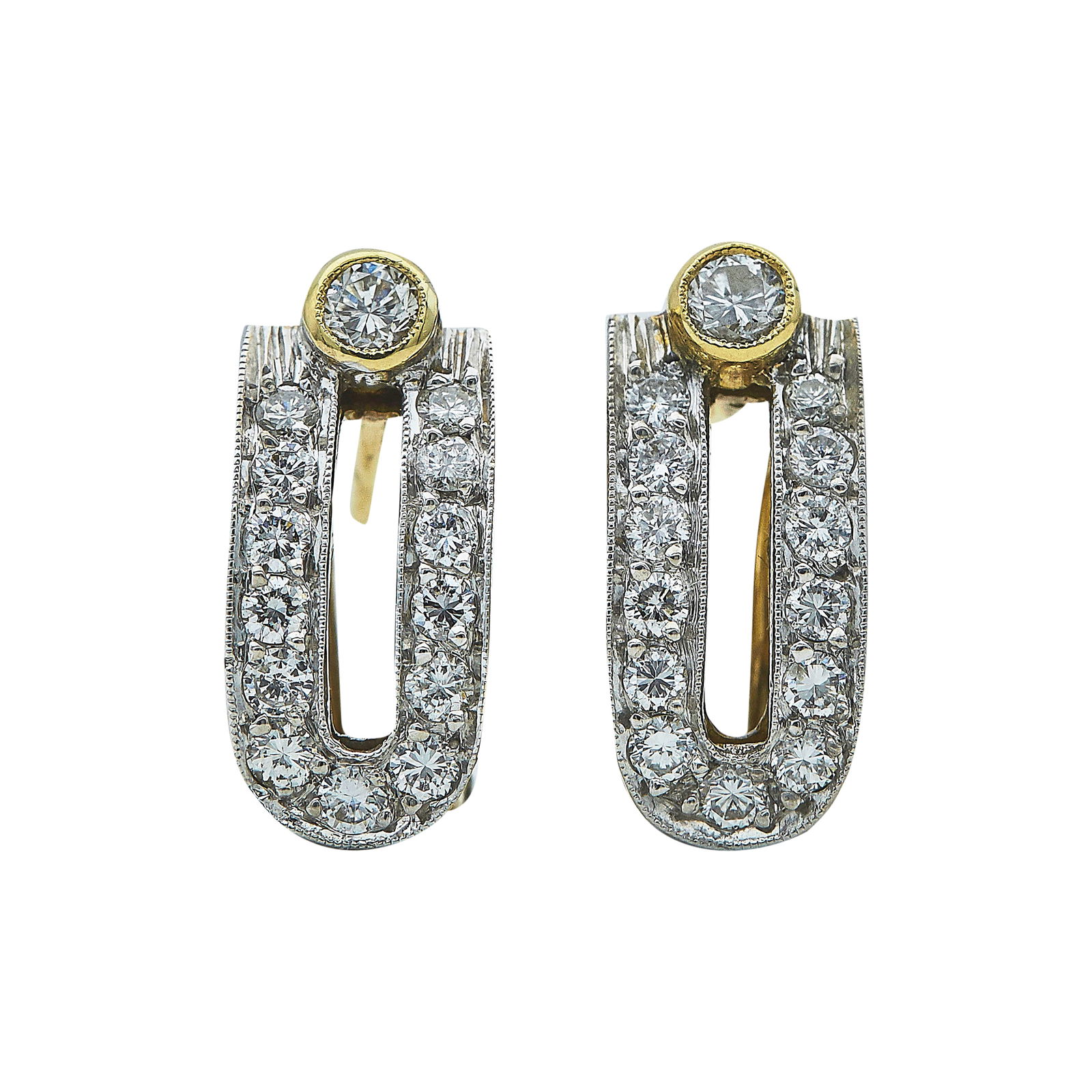 14K Yellow And White Gold Diamond Drop Earrings: METAL: 14K Yellow Gold; APPROXIMATE TOTAL DIAMOND WEIGHT: 1 ctw; TESTED: 14K Yellow Gold; CONDITION: Pre-owned, Good; ITEM WEIGHT (GRAMS): 8.2 g; MEASUREMENTS: Earrings measure approx. 5/8 inch length