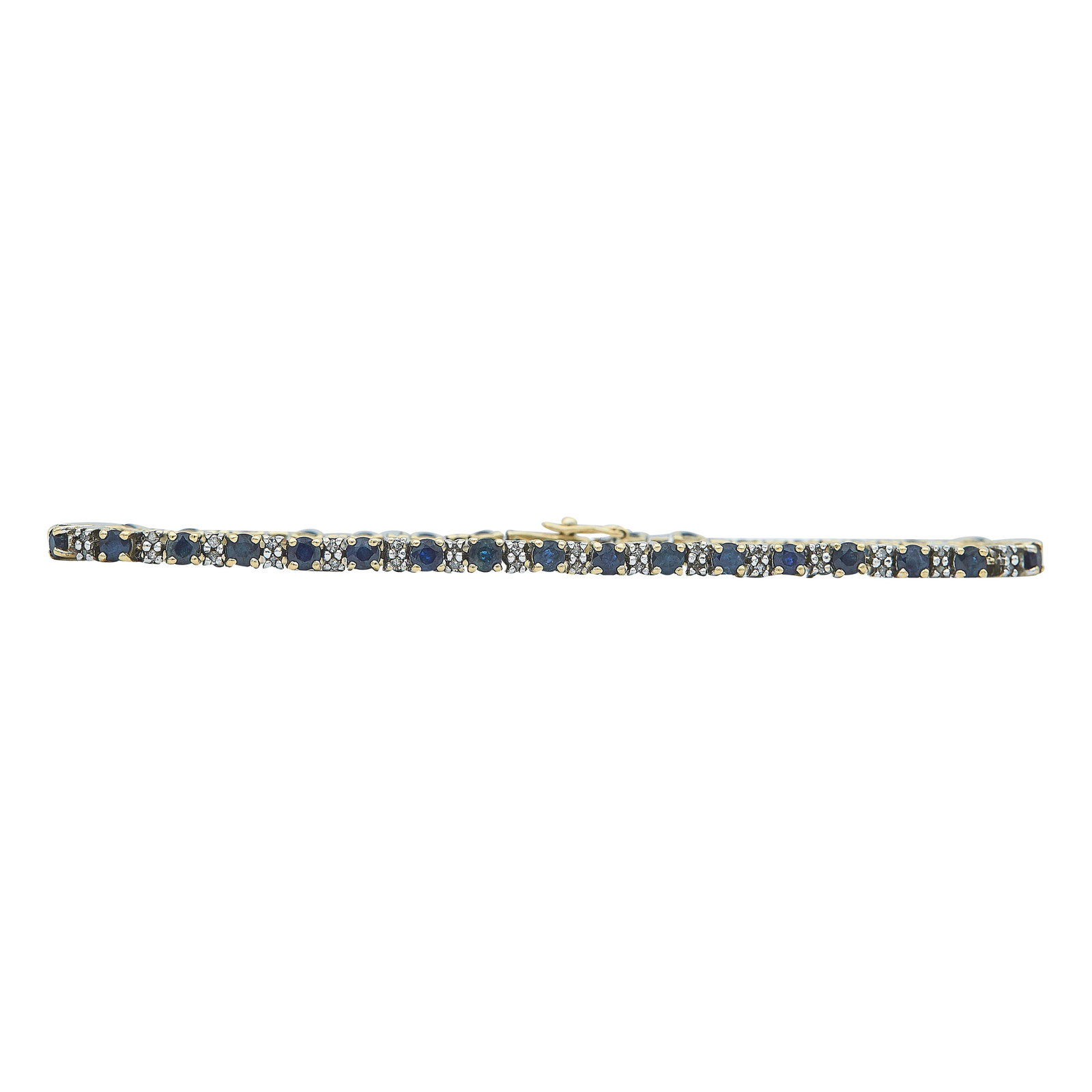 14K Yellow Gold and White Gold Sapphire and Diamond Tennis Bracelet: METAL: 14K Yellow Gold/White Gold; APPROXIMATE TOTAL DIAMOND WEIGHT: 0.68 ctw; GEMSTONES: Sapphires approx. 4.08 carats weight estimated by formula; STAMPED: 14K; CONDITION: Pre-owned, Good; ITEM WEIG