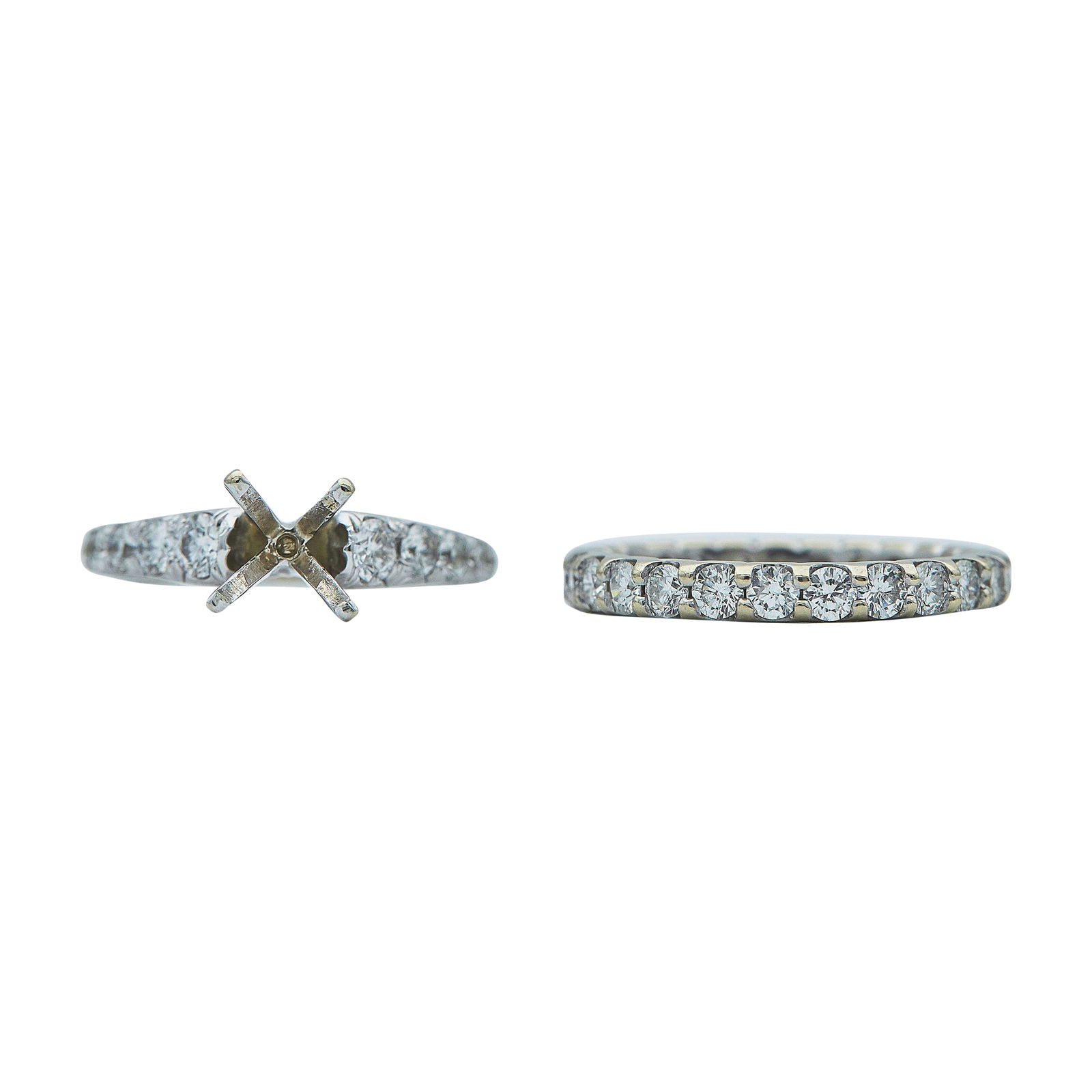 18K White Gold Diamond Engagement Ring Setting and Eternity Band Set: METAL: 18K White Gold; APPROXIMATE TOTAL DIAMOND WEIGHT: 1.75 ctw; STAMPED: Engagement ring marked 18K; TESTED: 18K White Gold; CONDITION: Pre-owned, Good; ITEM WEIGHT (GRAMS): 5.22 g; MEASUREMENTS: E