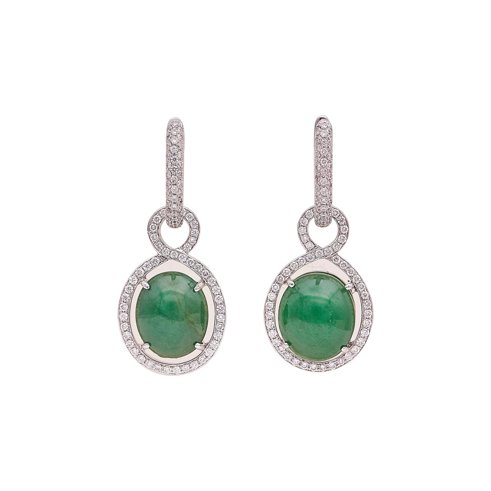 18K White Gold Jade and Diamond Day-to-Night Earrings: METAL: 18K White Gold; APPROXIMATE TOTAL DIAMOND WEIGHT: 0.86 ctw; GEMSTONES: Jade cabochons approx. 9.50mm x 11.50mm; STAMPED: 750; CONDITION: Pre-owned, Very Good; ITEM WEIGHT (GRAMS): 8.54 g; MEASU