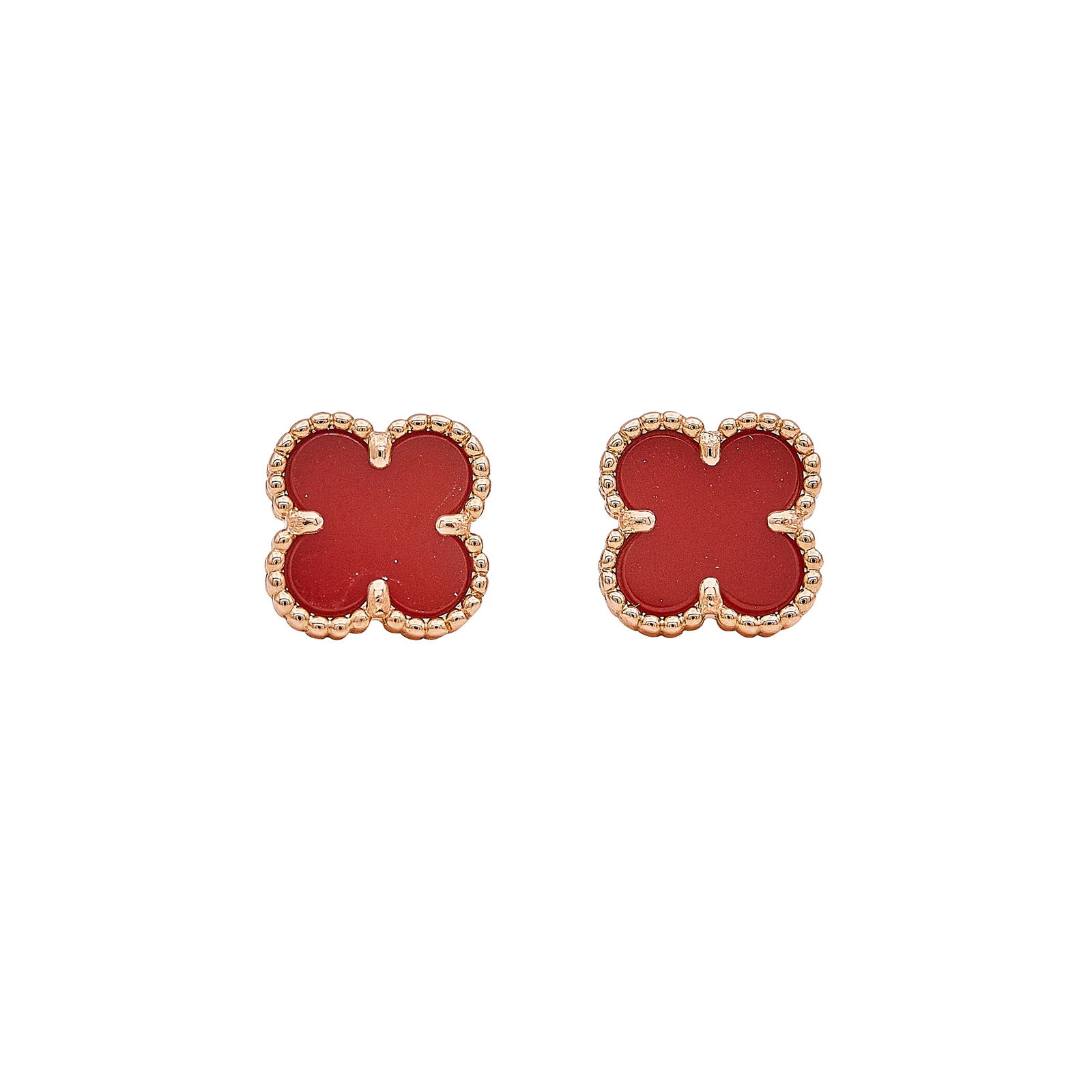 Van Cleef & Arpels Alhambra (Sweet) 18K Rose Gold Carnelian Earrings: BRAND: VCA; COLLECTION: Alhambra (Sweet); METAL: 18K Rose Gold; GEMSTONES: Carnelian; STAMPED: VCA, French marks, serial number; CONDITION: Pre-owned, Very Good; ITEM WEIGHT (GRAMS): 2.73 g; MEASUREME