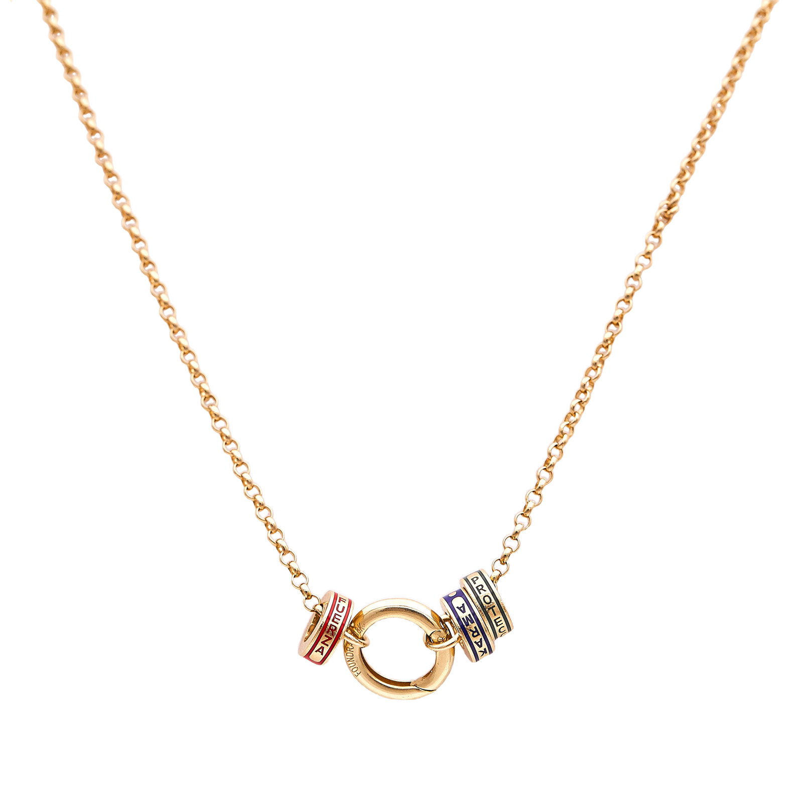 Foundrae 18K Yellow Gold Belcher Chain Necklace with Enameled Karma, Protection, and Fuerza Charms: BRAND: Foundrae; METAL: 18K Yellow Gold; GEMSTONES: Enamel; STAMPED: FOUNDRAE, 18K; CONDITION: Pre-owned, Very Good; ITEM WEIGHT (GRAMS): 14.5 g; MEASUREMENTS: Necklace 22 inches long