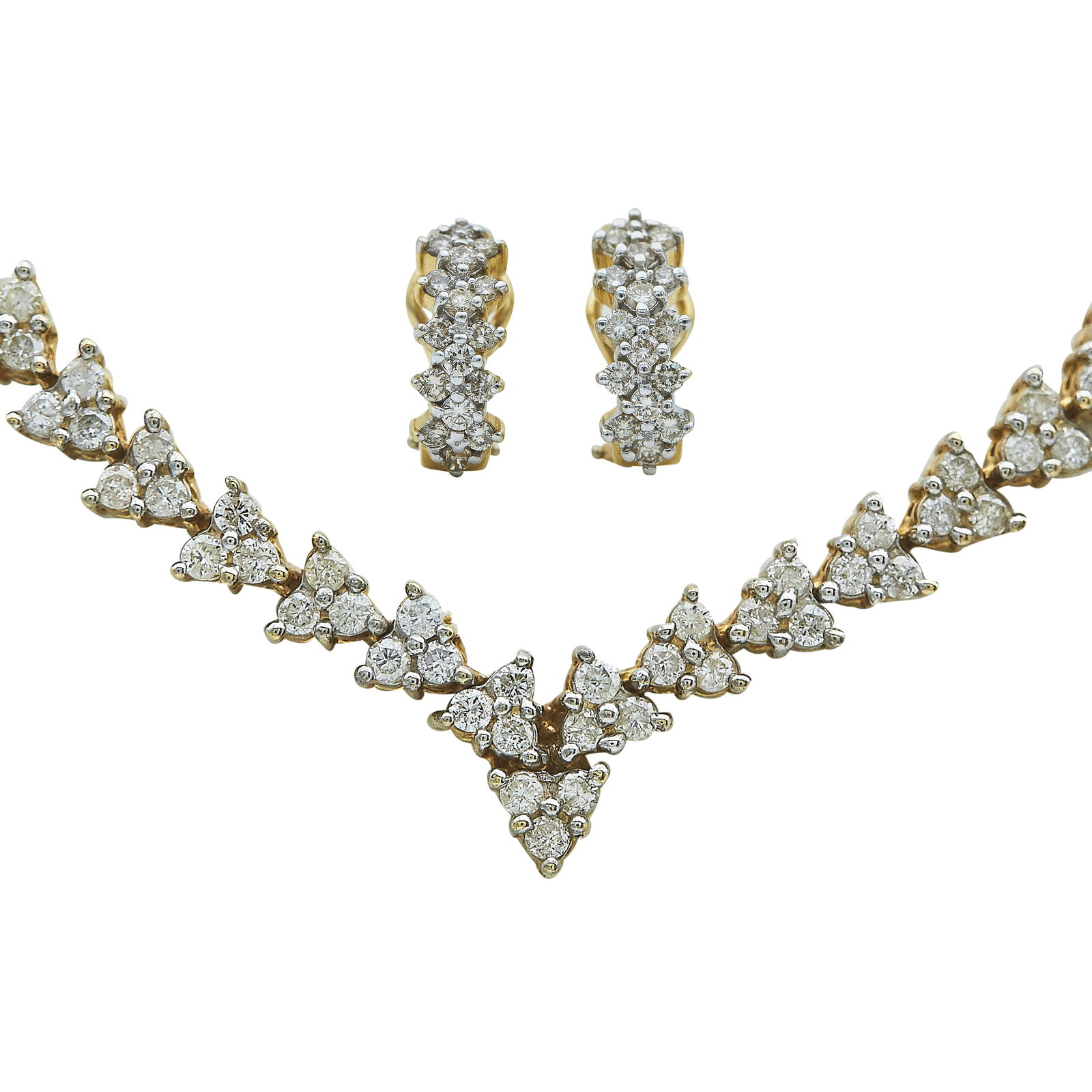 14K Yellow Gold and Diamond Necklace & Earrings Set: METAL: 14K Yellow Gold; APPROXIMATE TOTAL DIAMOND WEIGHT: 4.50 ctw; STAMPED: Both marked: 14K, M; CONDITION: Pre-owned, Good; ITEM WEIGHT (GRAMS): 44.9 g; MEASUREMENTS: Necklace 17 inches long, Earrin