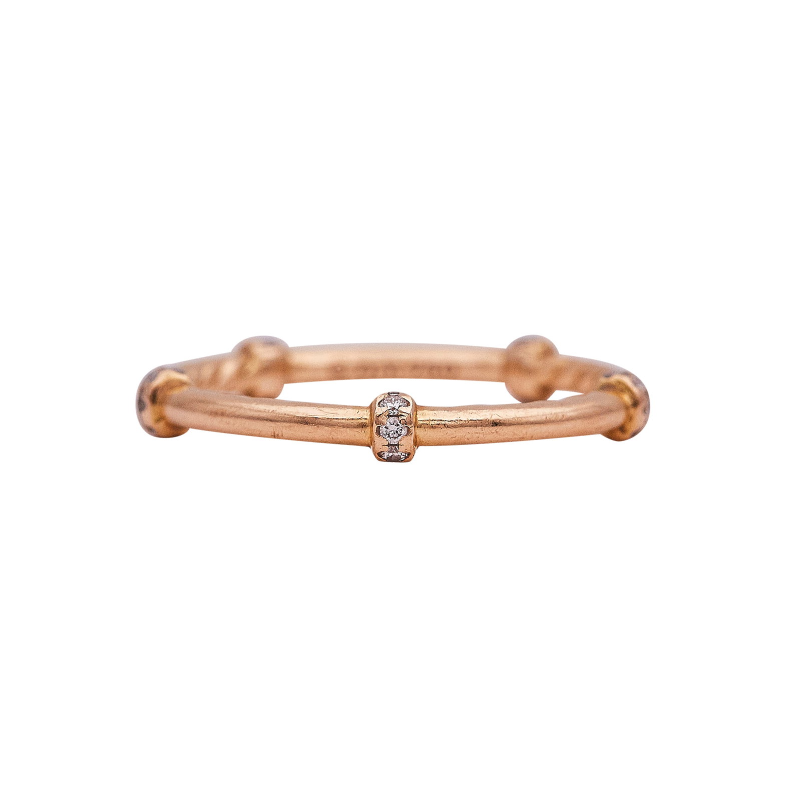 David Yurman 18K Rose Gold Diamond Cable Stacking Ring: BRAND: David Yurman; METAL: 18K Rose Gold; APPROXIMATE TOTAL DIAMOND WEIGHT: 0.10 ctw; STAMPED: D.Y. 750; CONDITION: Pre-owned, Good; ITEM WEIGHT (GRAMS): 2.4 g; MEASUREMENTS: Ring size 7