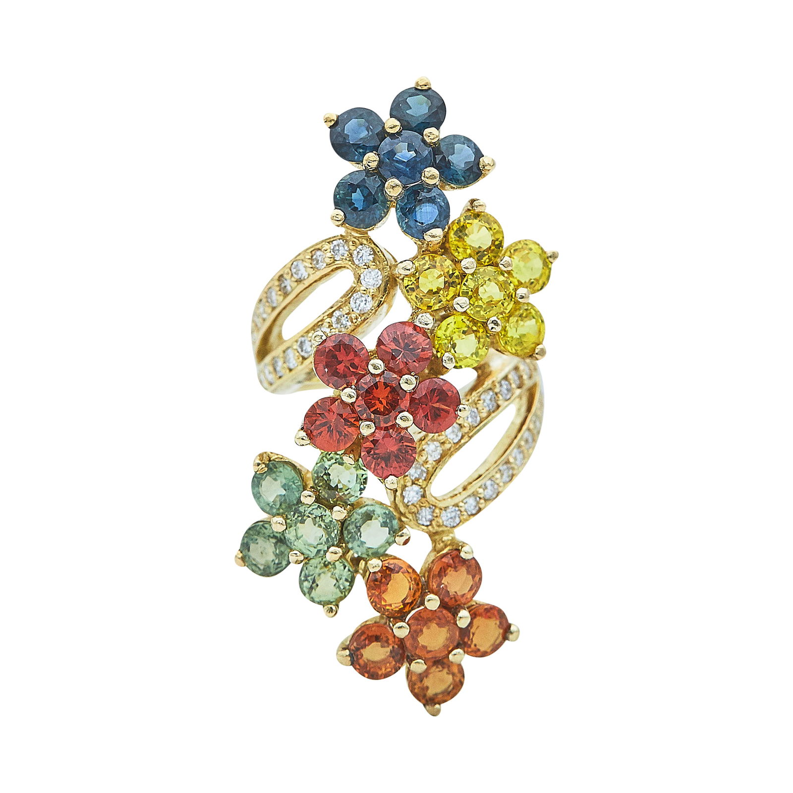 14K Yellow Gold Multi-Colored Sapphire Floral Cluster Ring With Diamond Accents: METAL: 14K Yellow Gold; APPROXIMATE TOTAL DIAMOND WEIGHT: 0.60 ctw; GEMSTONES: Multi-Colored Sapphires; TESTED: 14K Yellow Gold; CONDITION: Pre-owned, Good; ITEM WEIGHT (GRAMS): 15 g; MEASUREMENTS: Ri