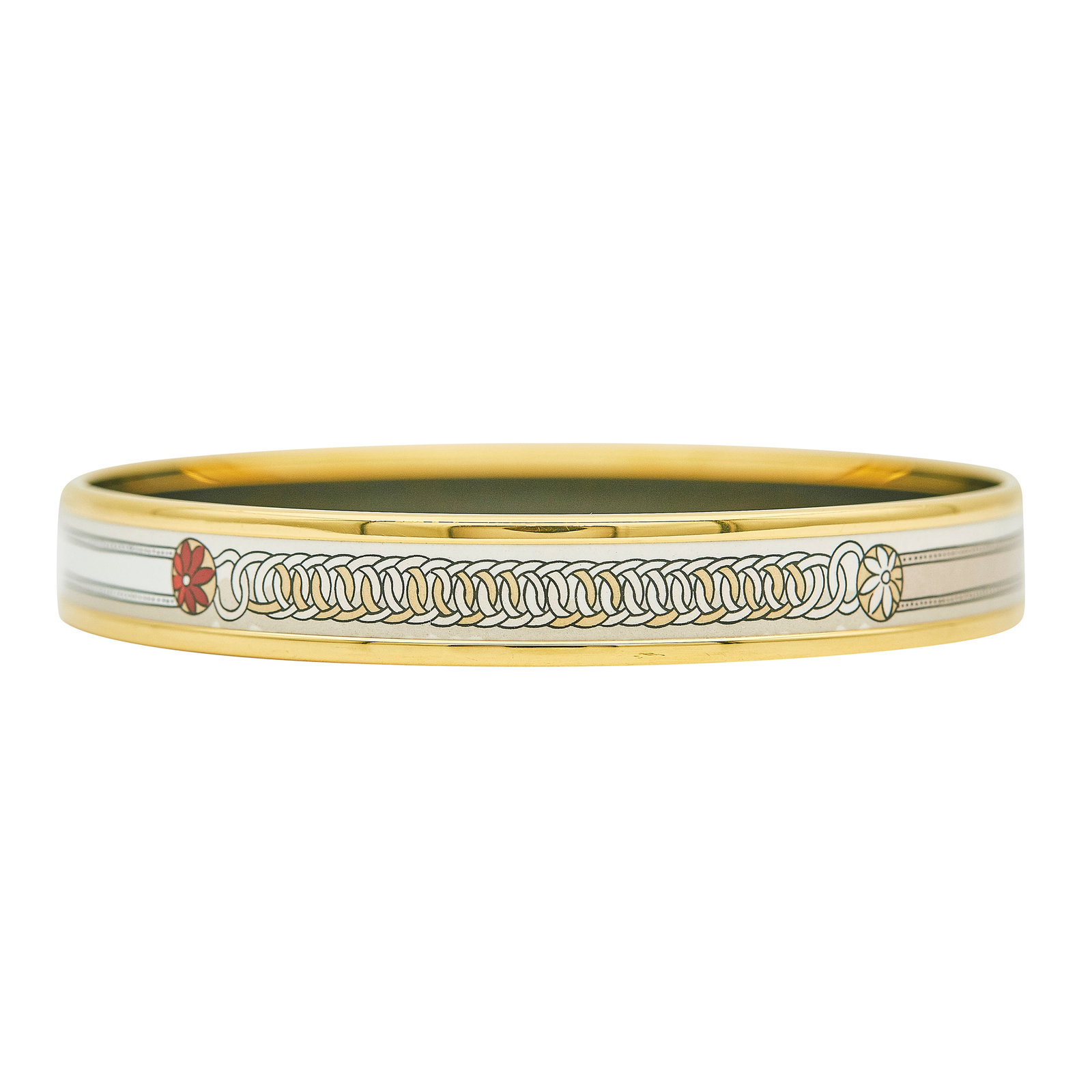 Hermès Base Metal and Enamel Bangle Bracelet: BRAND: Hermès; METAL: Base Metal; STAMPED: Hermès Paris, Made in France +Q; CONDITION: Pre-owned, Very Good; ITEM WEIGHT (GRAMS): 22.3 g; MEASUREMENTS: Inner circumference approx. 8 1/4 inches, Inne