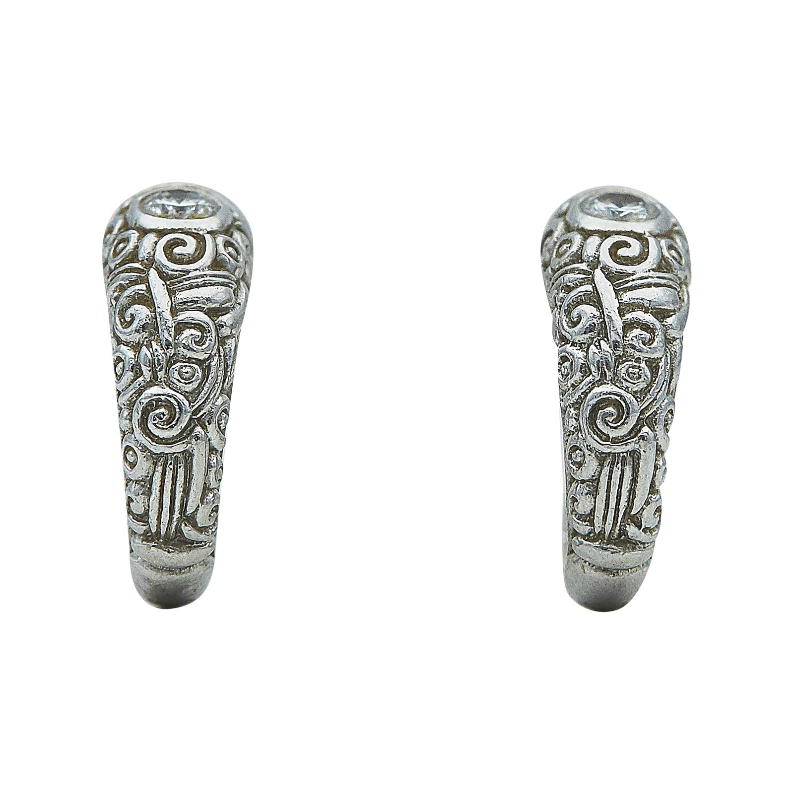 Alex Sepkus Platinum and Diamond Half-Hoop Earrings: BRAND: Alex Sepkus; METAL: Platinum; APPROXIMATE TOTAL DIAMOND WEIGHT: 0.12 ctw; STAMPED: PT950; CONDITION: Pre-owned, Very Good; ITEM WEIGHT (GRAMS): 5.43 g; MEASUREMENTS: Earrings 1/2 inch long; ADD