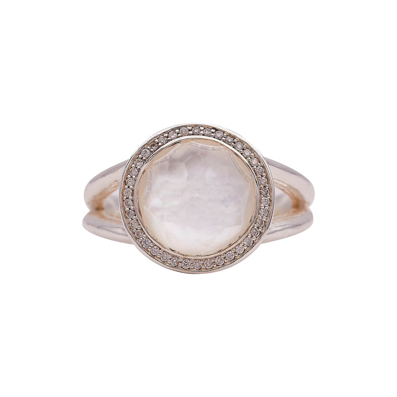 Ippolita Sterling Silver Mother-of-Pearl, Quartz and Chalcedony Triplet Ring: BRAND: Ippolita; METAL: Silver; GEMSTONES: Mother-of-Pearl, Quartz and Chalcedony triplet; STAMPED: IPPOLITA, 925; CONDITION: Pre-owned, Very Good; ITEM WEIGHT (GRAMS): 6.88 g; MEASUREMENTS: Ring size