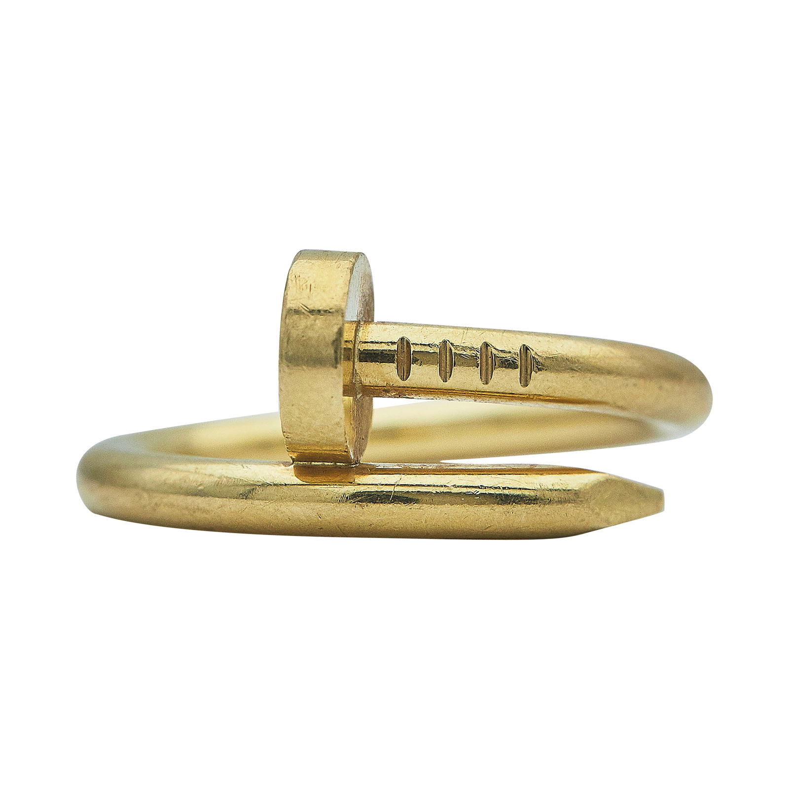 Cartier Juste un Clou 18K Yellow Gold Nail Ring: BRAND: Cartier; COLLECTION: Juste un Clou; METAL: 18K Yellow Gold; STAMPED: © Cartier, 55, serial number, Au750, workshop mark; CONDITION: Pre-owned, Very Good; ITEM WEIGHT (GRAMS): 7.86 g; MEASUREME