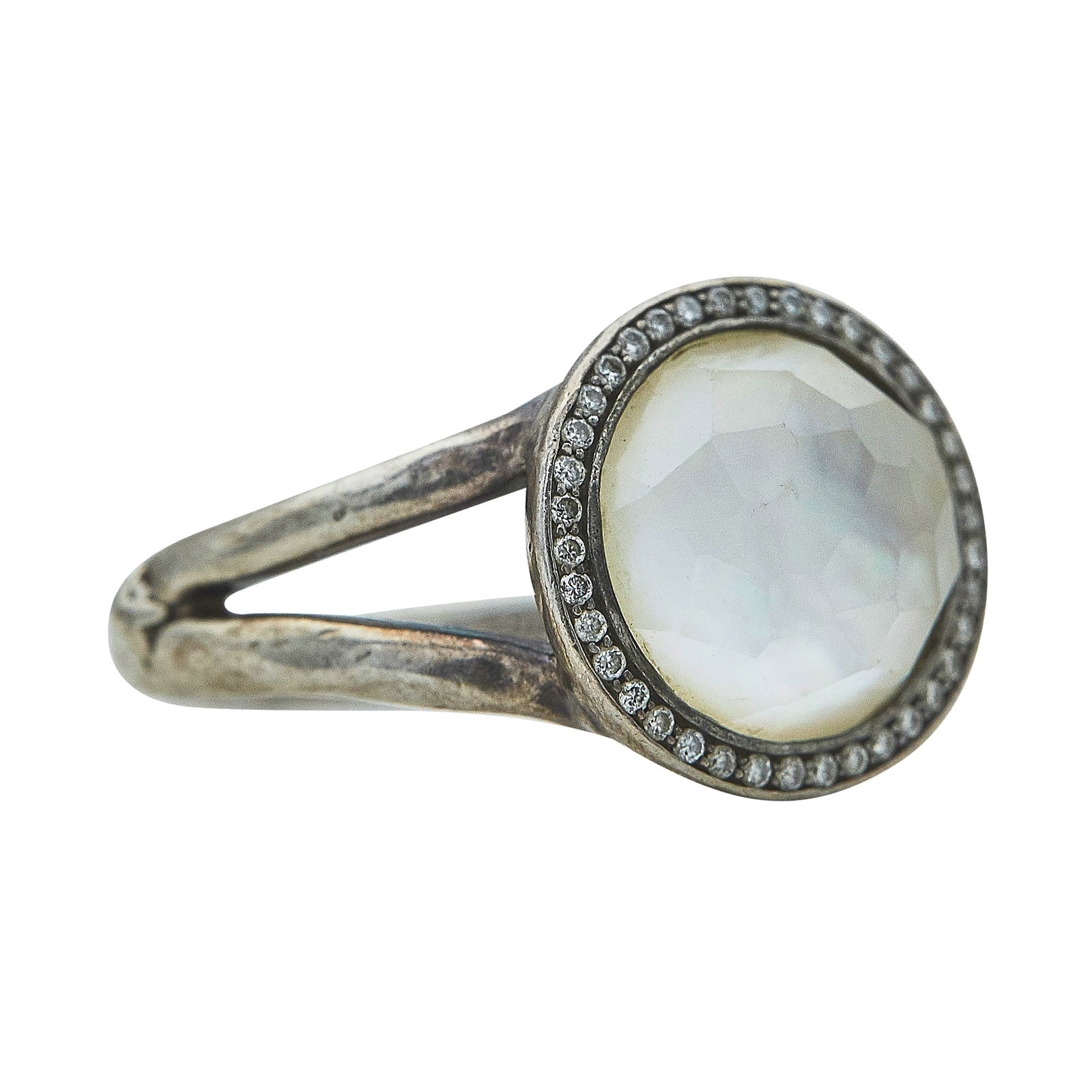 Ippolita Rock Candy Sterling Silver Rock Crystal and Mother-of-Pearl Doublet and Diamond Ring: BRAND: Ippolita; COLLECTION: Rock Candy; METAL: Silver; APPROXIMATE TOTAL DIAMOND WEIGHT: 0.10 ctw; GEMSTONES: Mother-of-Pearl and Rock Crystal Doublet; STAMPED: IPPOLITA, 925; CONDITION: Pre-owned, G