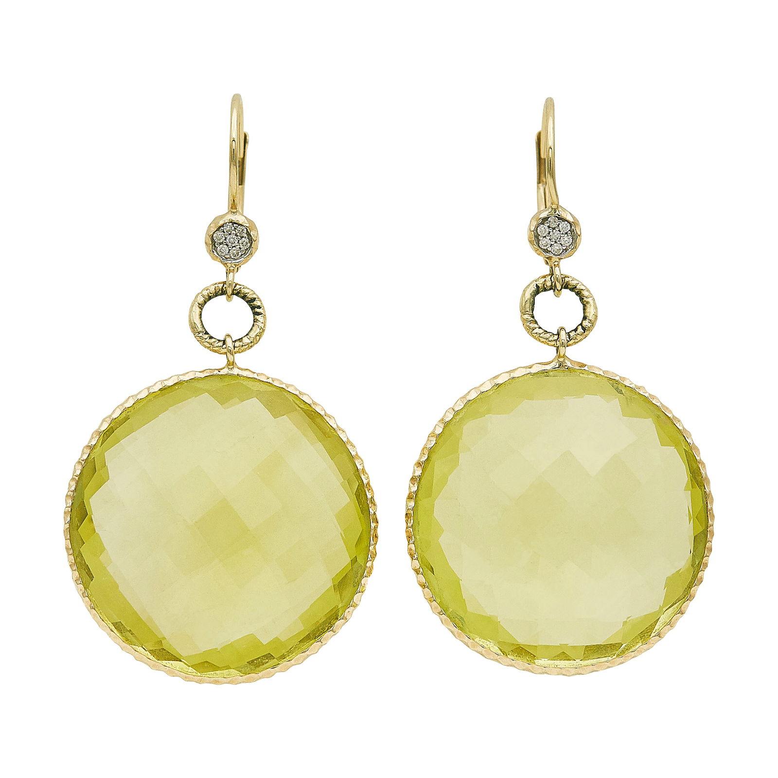 14K Yellow Gold Double Rose Cut Lemon Quartz and Diamond Pendant Earrings: METAL: 14K Yellow Gold; APPROXIMATE TOTAL DIAMOND WEIGHT: 0.03 ctw; GEMSTONES: Lemon Quartz approx. 24.00 mm in diameter; STAMPED: 14K, maker's mark; CONDITION: Pre-owned, Very Good; ITEM WEIGHT (GRAM