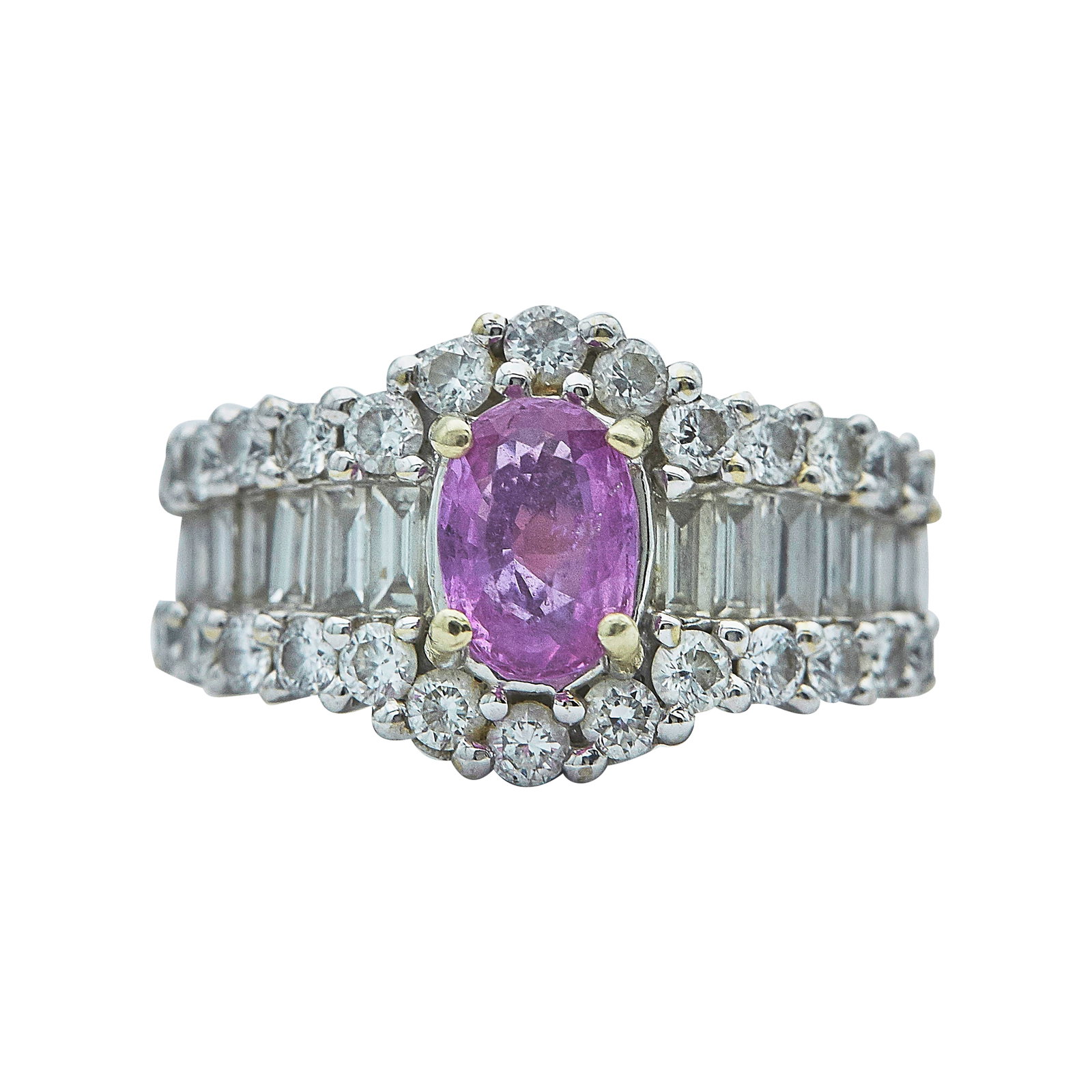 18K White Gold Pink Sapphire and Diamond Band Ring: METAL: 18K White Gold; APPROXIMATE DIAMOND COLOR(S): 1.90; GEMSTONES: Pink Sapphire approx. 1.10 carats, estimated weight determined by formula; STAMPED: HAKMAN; TESTED: 18K White Gold; CONDITION: Pre