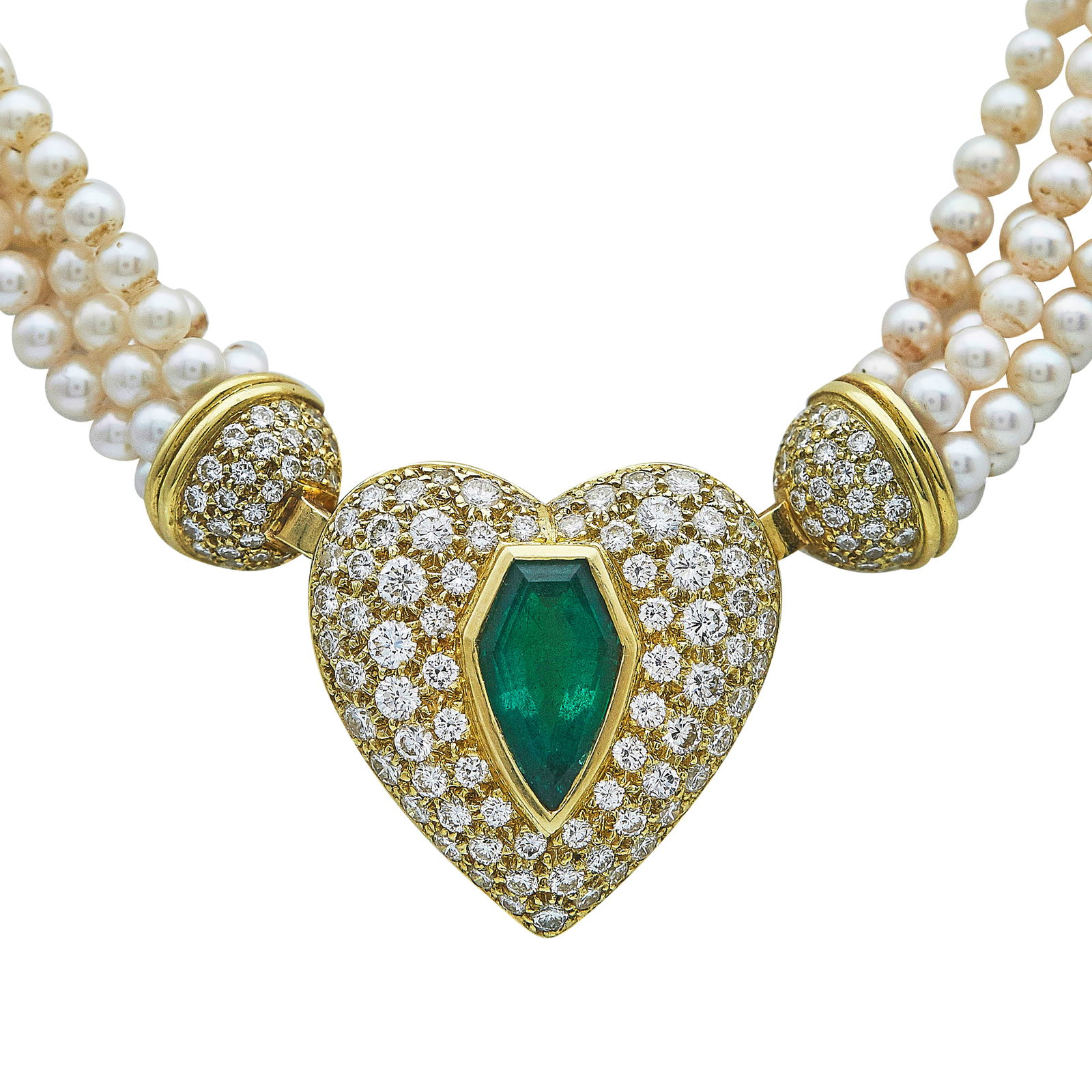 18K Yellow Gold Emerald Seed Pearl and Diamond Heart Necklace: METAL: 18K Yellow Gold; APPROXIMATE TOTAL DIAMOND WEIGHT: 3.50 ctw; GEMSTONES: Emerald approx. 13.20 mm x 7.90 mm, Seed Pearls 3.00 mm in diameter; TESTED: 18K Yellow Gold; CONDITION: Pre-owned, Good;