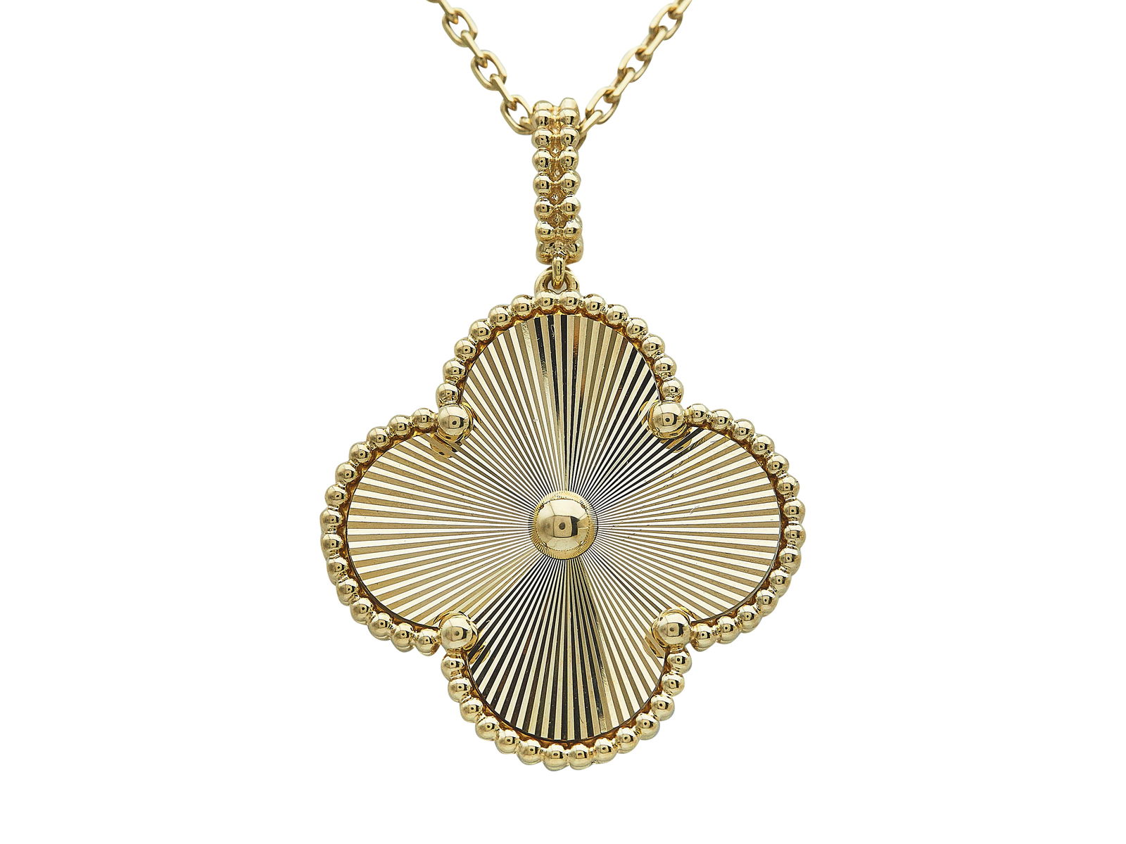 Van Cleef & Arpels (Magic) Alhambra 18K Yellow Gold Pendant Necklace: BRAND: VCA; COLLECTION: Alhambra; METAL: 18K Yellow Gold; STAMPED: VCA, Au750, serial number; CONDITION: Pre-owned, Very Good; ITEM WEIGHT (GRAMS): 20.1 g; MEASUREMENTS: Chain 35 inches long, Pendant
