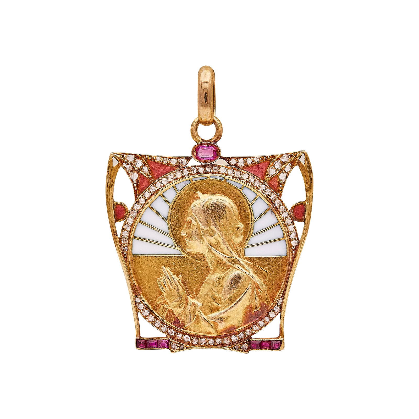 Antique Masriera 18K Yellow Gold Plique a Jour Enamel, Ruby, and Diamond Pendant: BRAND: Masriera; METAL: 18K Yellow Gold; GEMSTONES: Enamel, Ruby; STAMPED: MASRIERA H; TESTED: 18K Yellow Gold; CONDITION: Pre-owned, Very Good; ITEM WEIGHT (GRAMS): 13 g; MEASUREMENTS: Pendant 1 3/4