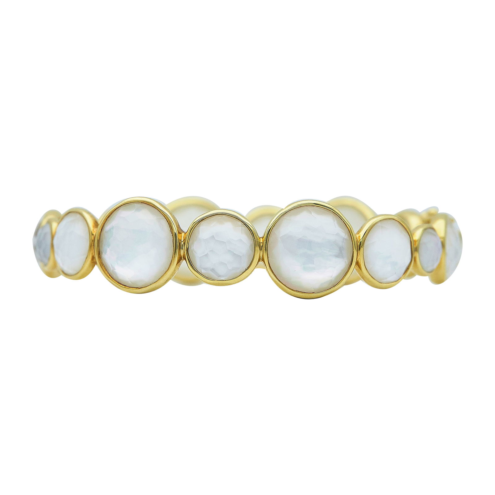 Ippolita Rock Candy 18K Yellow Gold Mother-of-Pearl And Rock Crystal Doublet Hinged Bangle Bracelet: BRAND: Ippolita; COLLECTION: Rock Candy; METAL: 18K Yellow Gold; GEMSTONES: Mother-of-Pearl and Rock Crystal doublets; STAMPED: IPPOLITA, 18K; CONDITION: Pre-owned, Good; ITEM WEIGHT (GRAMS): 27.6 g;