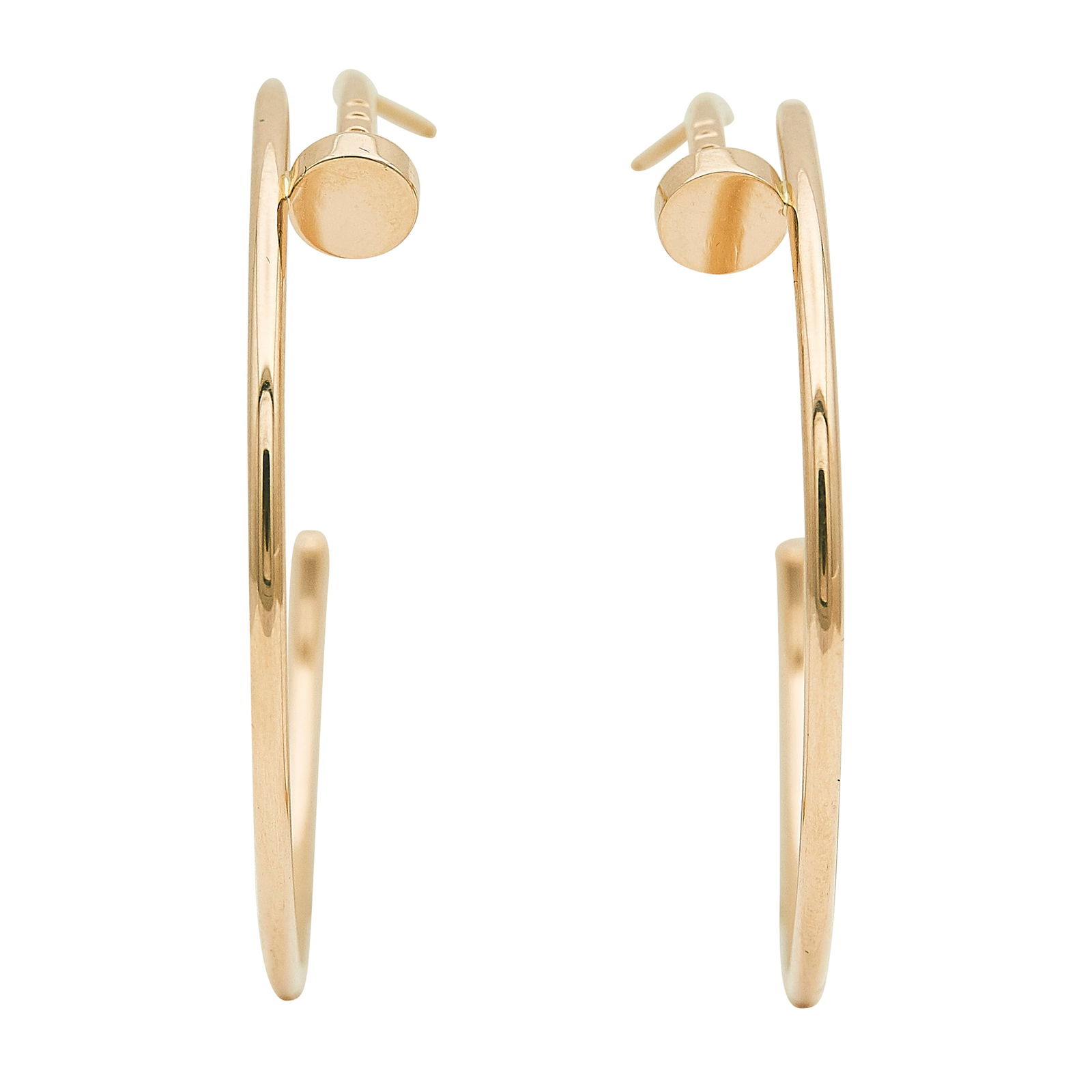 Cartier Juste un Clou 18K Rose Gold Hoop Earrings: BRAND: Cartier; COLLECTION: Juste un Clou; METAL: 18K Rose Gold; STAMPED: © Cartier, serial number, Au750, French mark; CONDITION: Pre-owned, Excellent; ITEM WEIGHT (GRAMS): 10.75 g; MEASUREMENTS: Ea