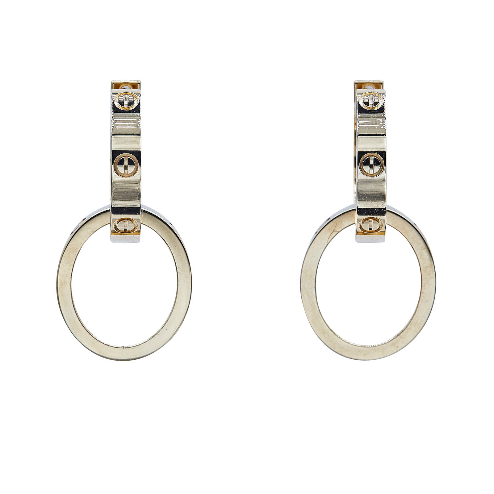 Cartier Love 18K Yellow Gold Day-to-Night Drop Earrings: BRAND: Cartier; COLLECTION: Love; METAL: 18K Yellow Gold; STAMPED: © Cartier, numbered, Au750, French mark; CONDITION: Pre-owned, Very Good; ITEM WEIGHT (GRAMS): 11.67 g; MEASUREMENTS: Earrings 1 1/8