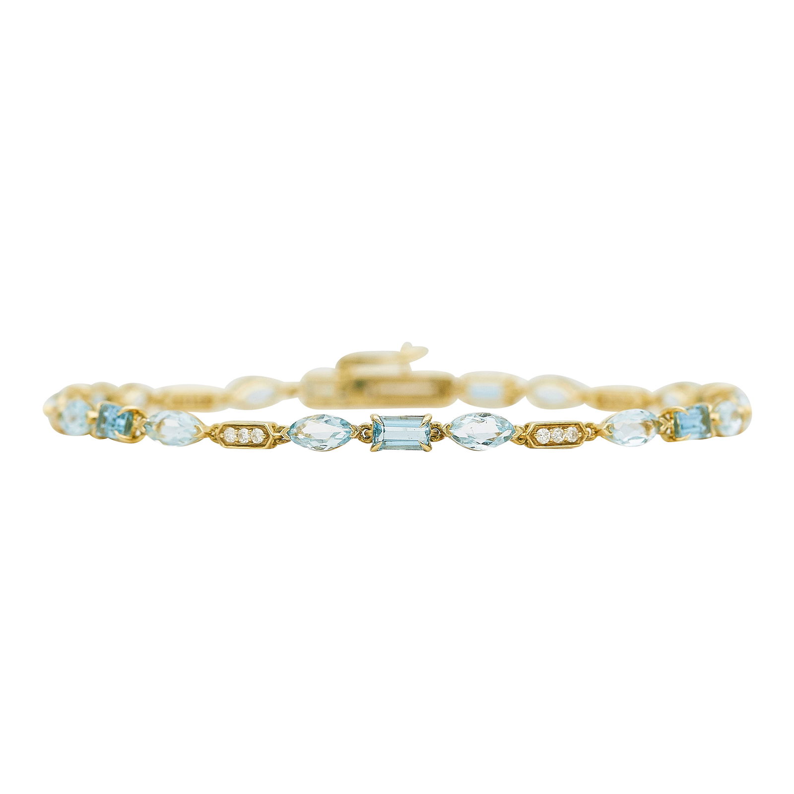 14K Yellow Gold Aquamarine and Diamond Tennis Bracelet: METAL: 14K Yellow Gold; APPROXIMATE TOTAL DIAMOND WEIGHT: 0.27 ctw; GEMSTONES: Aquamarine; STAMPED: 14KT, Maker's mark; CONDITION: Pre-owned, Very Good; ITEM WEIGHT (GRAMS): 6.1 g; MEASUREMENTS: Brace
