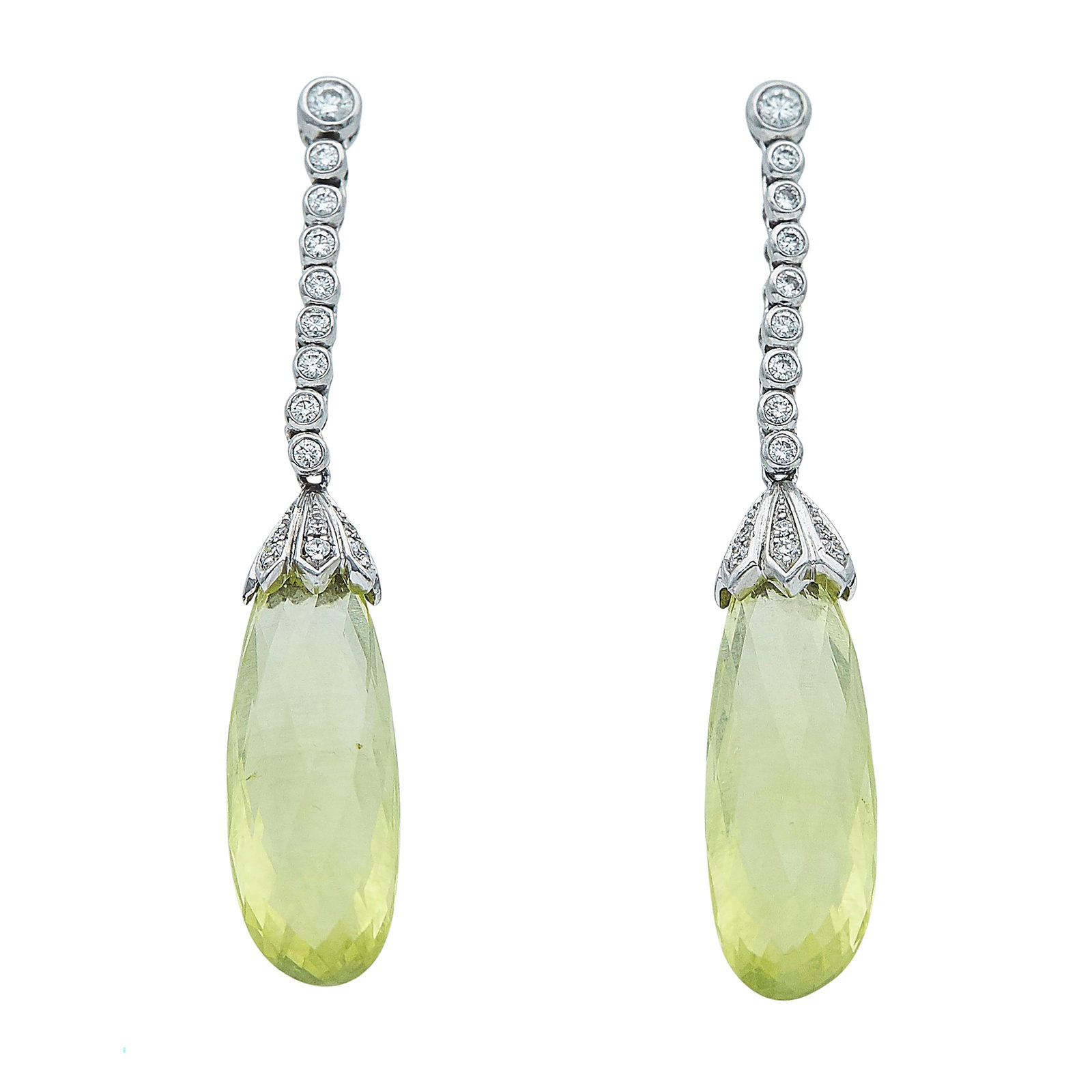 14K White Gold Yellow Sapphire and Diamond Pendant Earrings: METAL: 14K White Gold; APPROXIMATE TOTAL DIAMOND WEIGHT: 0.25 ctw; GEMSTONES: Yellow Sapphire; STAMPED: Clutch Backs stamped 14K; TESTED: 14K White Gold; CONDITION: Pre-owned, Very Good; ITEM WEIGHT (