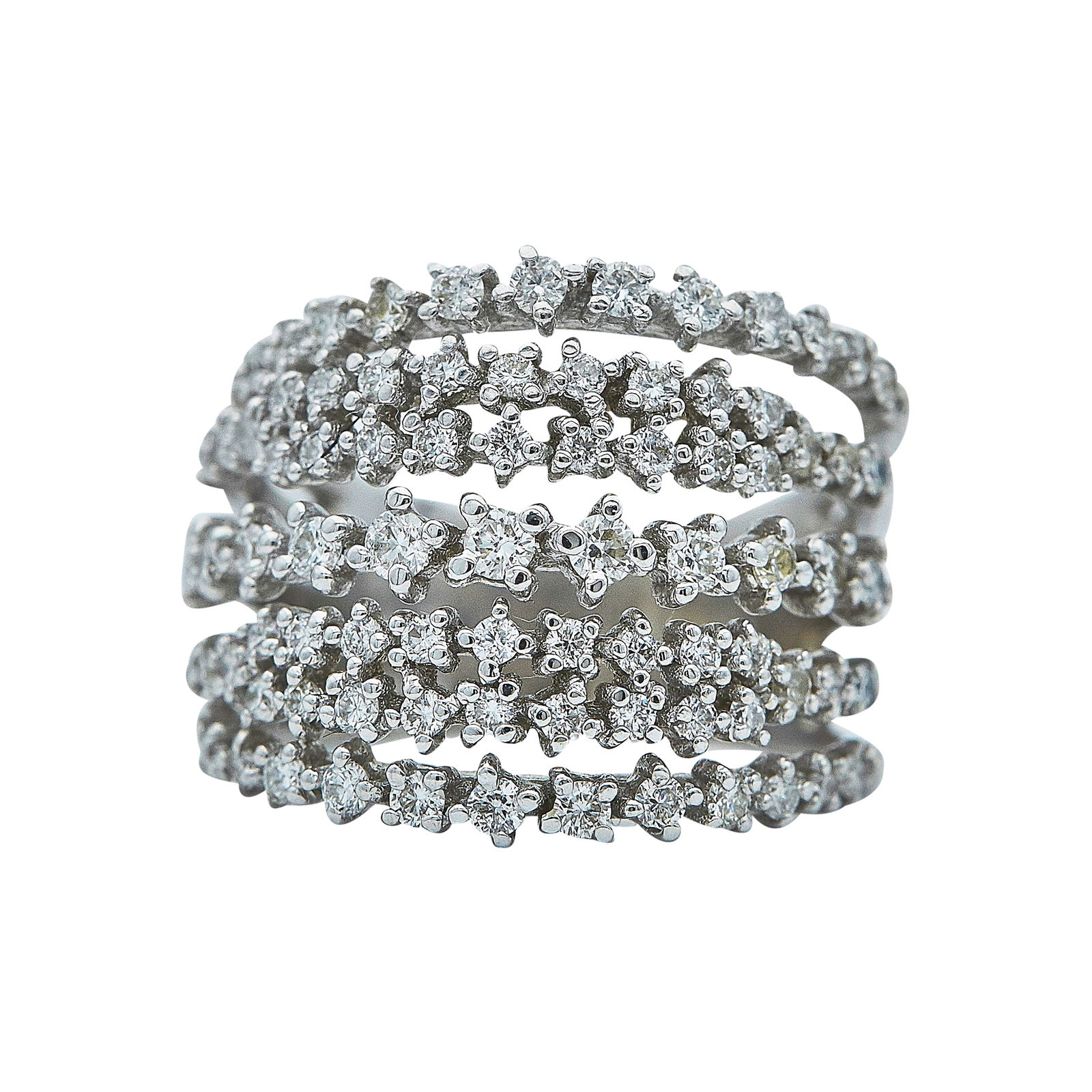 14K White Gold and Diamond Band Ring: METAL: 14K White Gold; APPROXIMATE TOTAL DIAMOND WEIGHT: 0.42 ctw; TESTED: 14K White Gold; CONDITION: Pre-owned, Good; ITEM WEIGHT (GRAMS): 8.9 g; MEASUREMENTS: Ring size 7; ADDITIONAL COMMENTS: One d