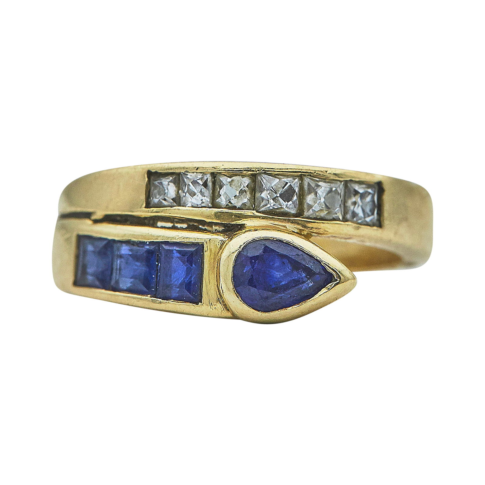 14K Yellow Gold Sapphire and Diamond Band Ring: METAL: 14K Yellow Gold; APPROXIMATE TOTAL DIAMOND WEIGHT: 0.39 ctw; GEMSTONES: Sapphire; STAMPED: 14K, 585; CONDITION: Pre-owned, Good; ITEM WEIGHT (GRAMS): 4.4 g; MEASUREMENTS: Ring size 5.5; Diamond
