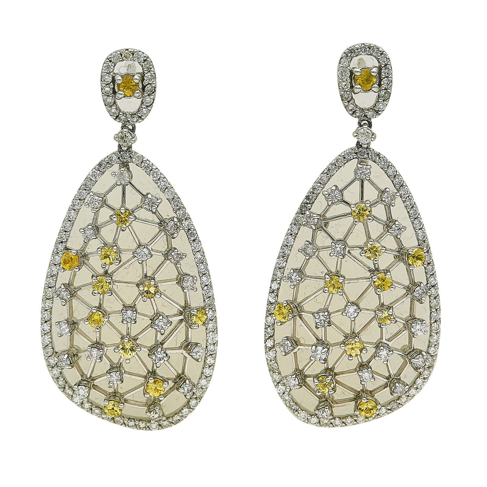 14K White Gold Yellow Sapphire and Diamond Pendant Earrings: METAL: 14K White Gold; APPROXIMATE TOTAL DIAMOND WEIGHT: 0.66 ctw; GEMSTONES: Yellow Sapphire; STAMPED: Backs marked 14K; TESTED: 14K White Gold; CONDITION: Pre-owned, Good; ITEM WEIGHT (GRAMS): 11.6