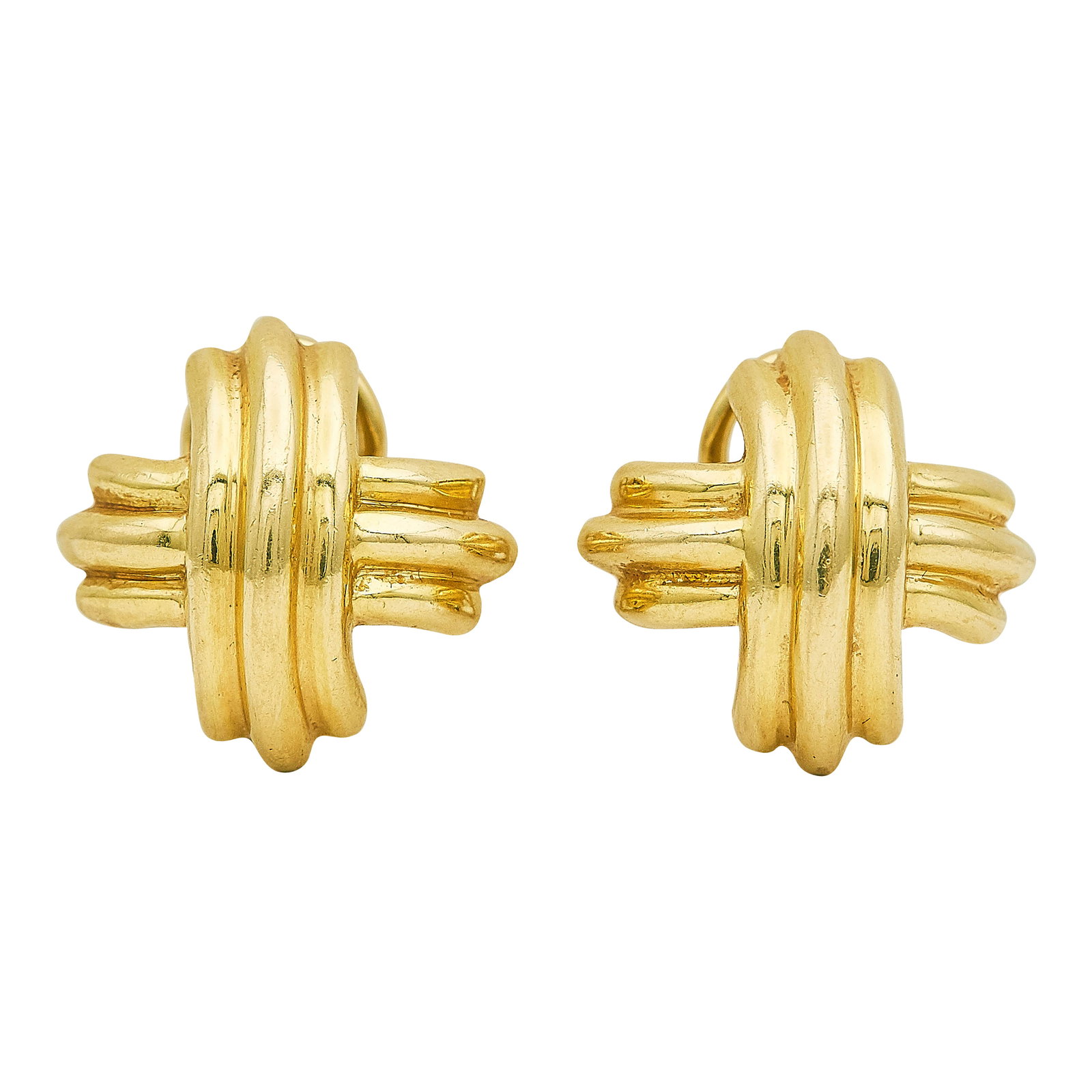 Tiffany & Co. 18K Yellow Gold Ridged X Earrings: BRAND: Tiffany & Co.; METAL: 18K Yellow Gold; STAMPED: T & Co., 750; CONDITION: Pre-owned, Very Good; ITEM WEIGHT (GRAMS): 13.32 g; MEASUREMENTS: Earrings 3/4 inch wide; ADDITIONAL COMMENTS: With post