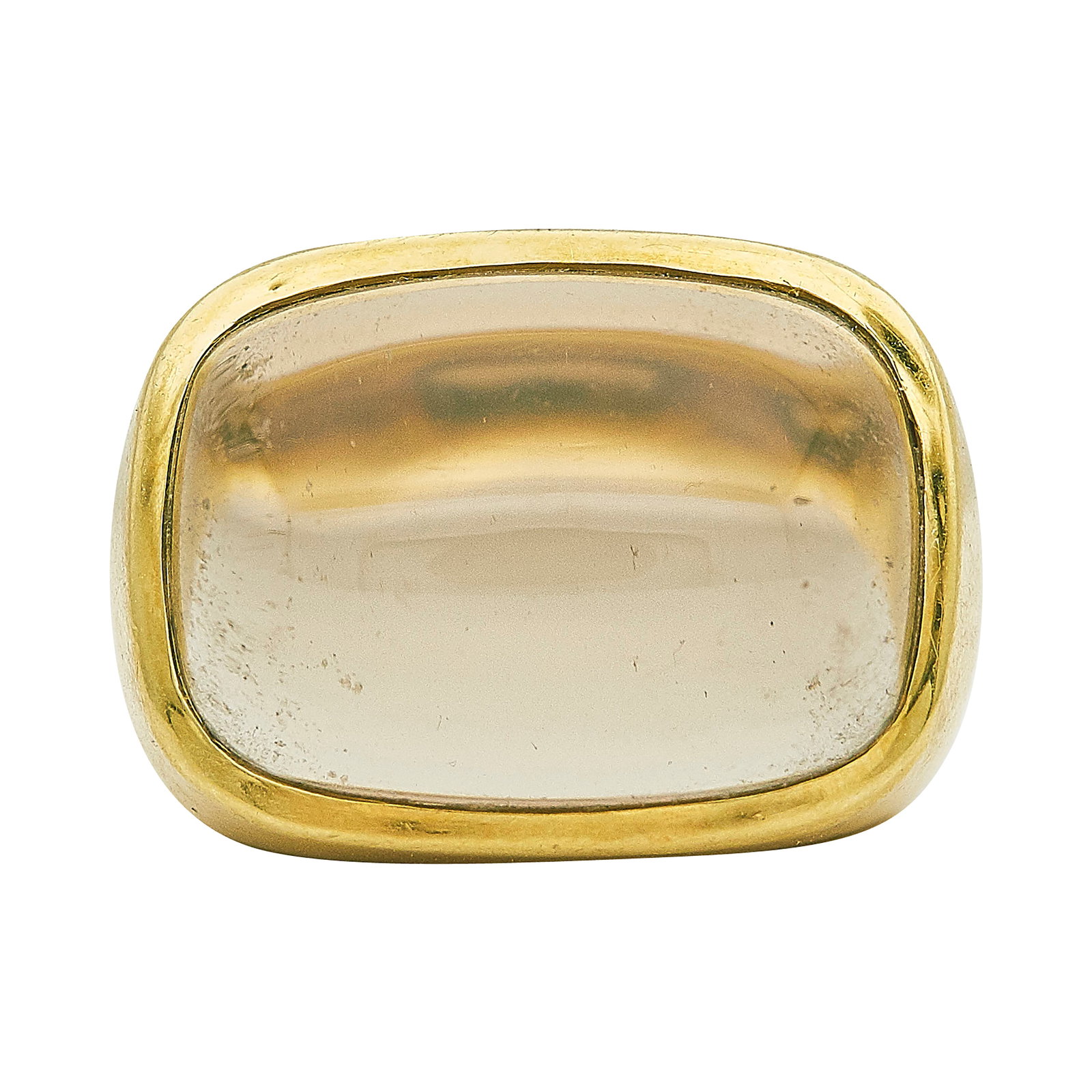 H. Stern 18K Yellow Gold Smoky Quartz and Diamond Ring: BRAND: H. Stern; METAL: 18K Yellow Gold; APPROXIMATE TOTAL DIAMOND WEIGHT: .0025 ctw; GEMSTONES: Smoky quartz cabochon approx. 14.50 mm 20.50 mm; STAMPED: 750, Maker's mark; CONDITION: Pre-owned, Very