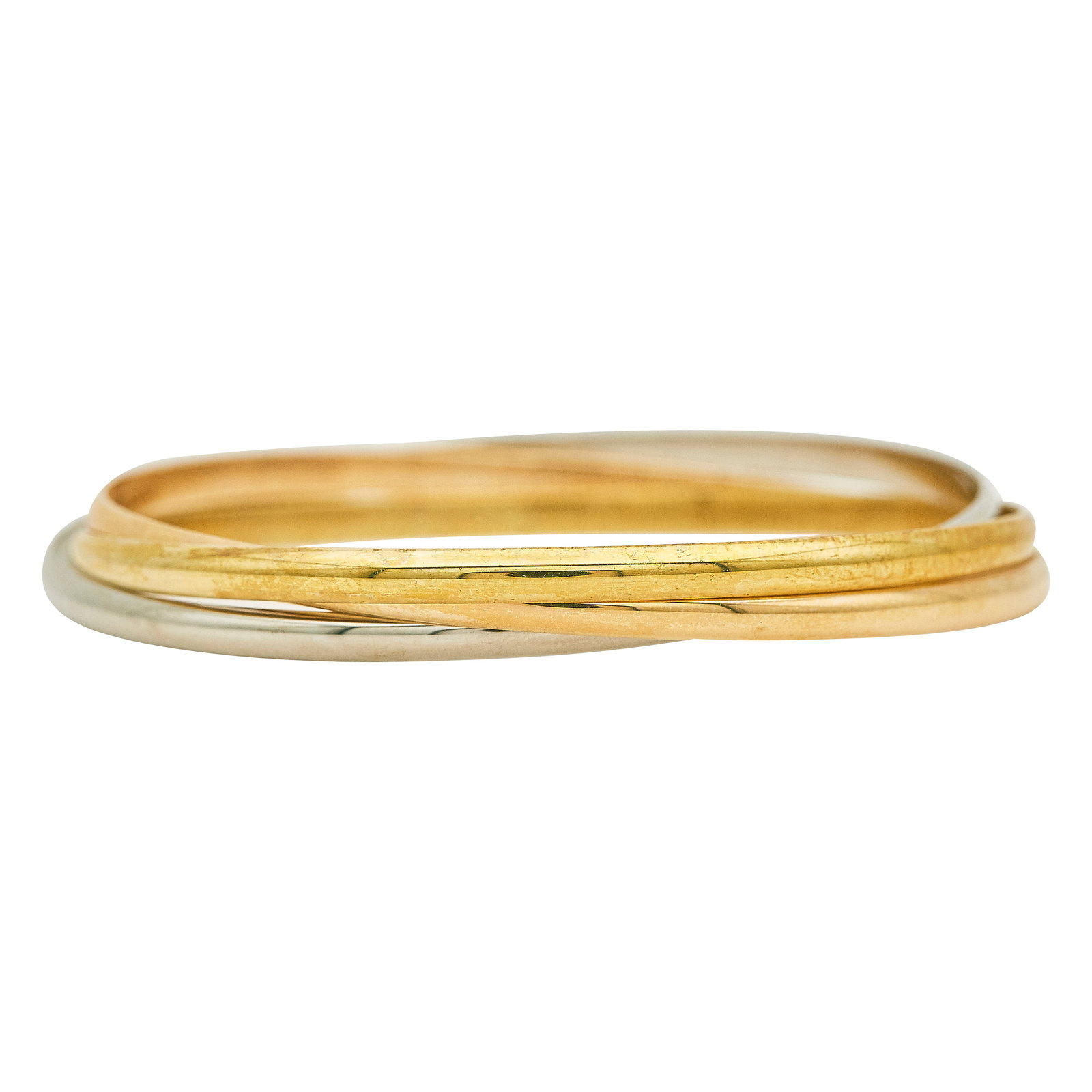 Cartier Trinity 18K Tri-Color Gold Rolling Bangle Bracelet: BRAND: Cartier; COLLECTION: Trinity; METAL: 18K Tri-Color; STAMPED: French mark, 750, Cartier, serial number; CONDITION: Pre-owned, Very Good; ITEM WEIGHT (GRAMS): 33.4 g; MEASUREMENTS: Bracelet is ap