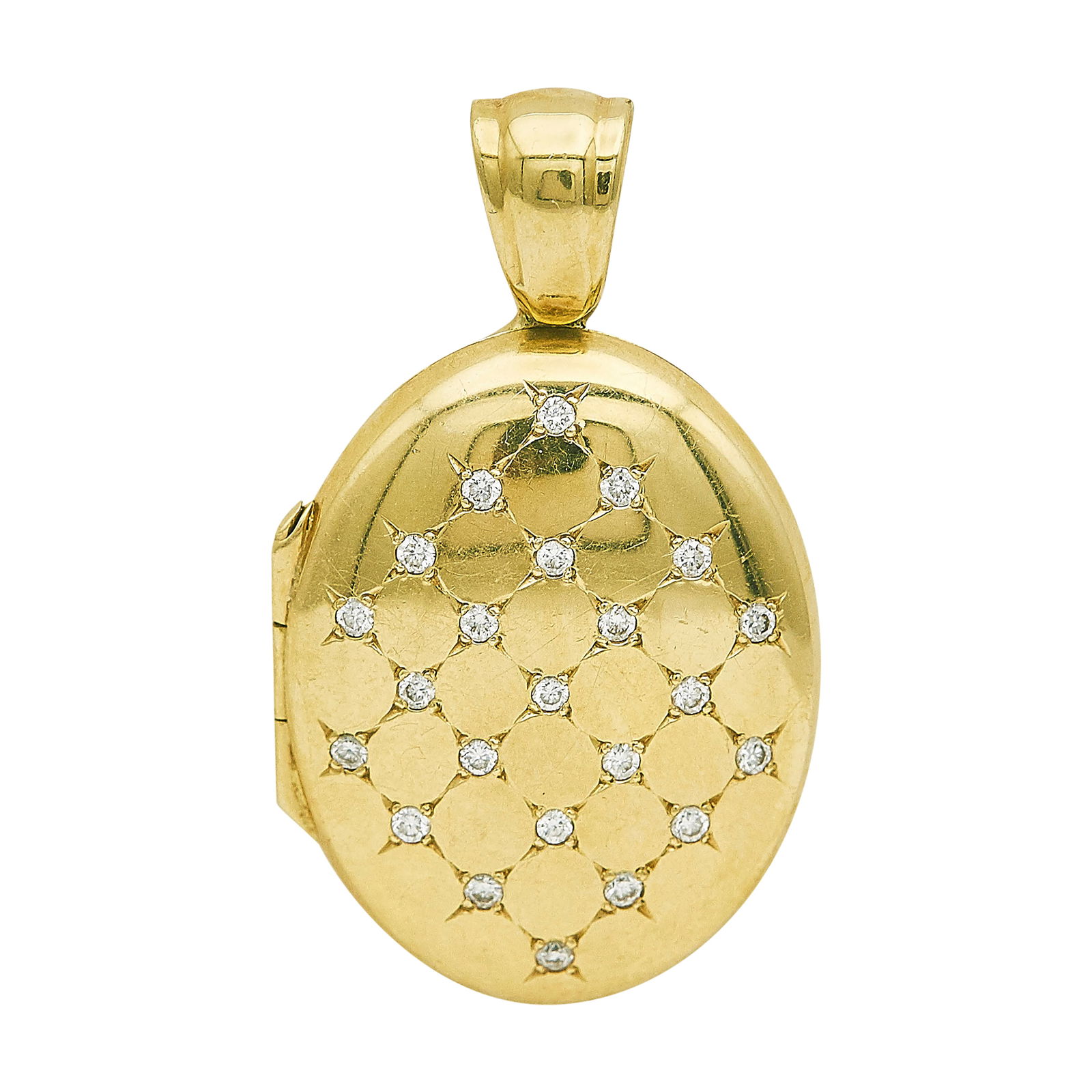 18K Yellow Gold and Diamond Oval Locket Pendant: METAL: 18K Yellow Gold; APPROXIMATE TOTAL DIAMOND WEIGHT: 0.23 ctw; STAMPED: C G & S, 750, misc. marks; CONDITION: Pre-owned, Good; ITEM WEIGHT (GRAMS): 10.44 g; MEASUREMENTS: Locket 1 1/4 inch includ