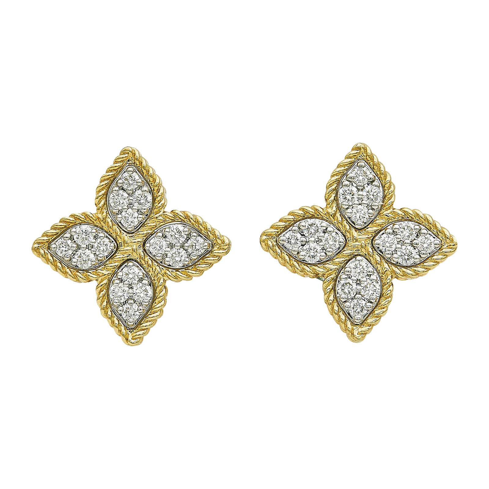 Roberto Coin 18K White and Yellow Gold Diamond Earrings: BRAND: Roberto Coin; METAL: 18K White Gold/Yellow Gold; APPROXIMATE TOTAL DIAMOND WEIGHT: 0.48 ctw; STAMPED: RC, 18KT, Italian workshop mark, ITALY; CONDITION: Pre-owned, Very Good; ITEM WEIGHT (GRAMS