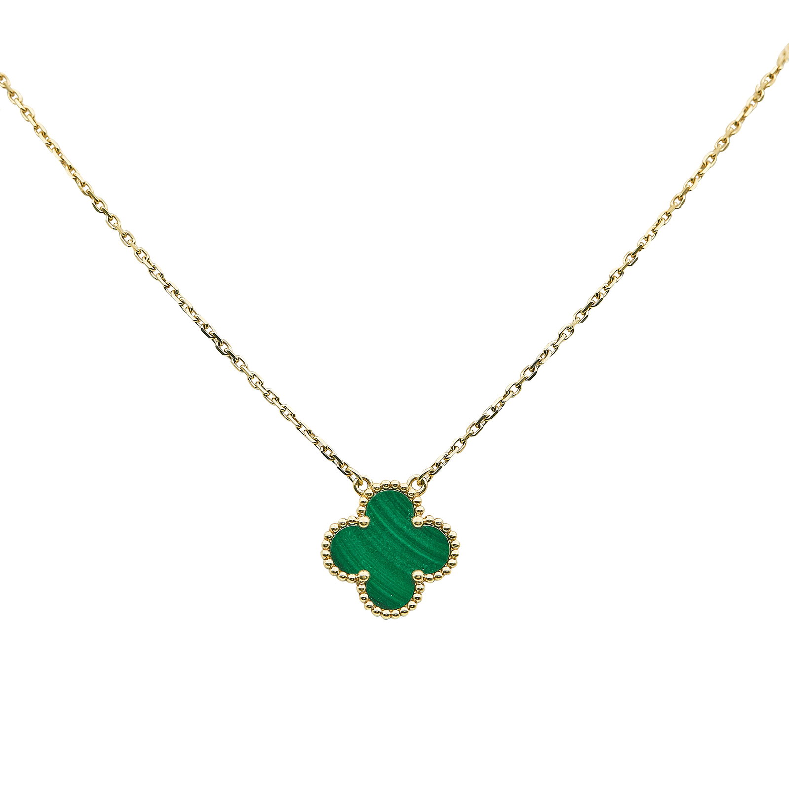 Van Cleef & Arpels Alhambra (Vintage) 18K Yellow Gold Malachite Pendant Necklace: BRAND: VCA; COLLECTION: Alhambra (Vintage); METAL: 18K Yellow Gold; GEMSTONES: Malachite; STAMPED: VCA, Au750, serial number; CONDITION: Pre-owned, Very Good; ITEM WEIGHT (GRAMS): 5.4 g; MEASUREMENTS: