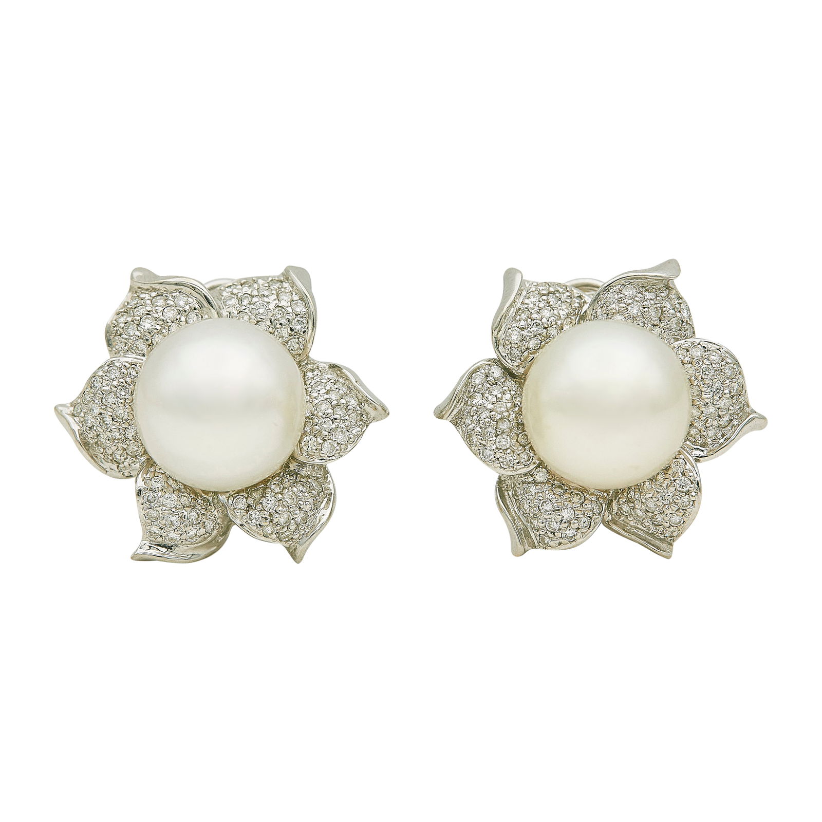 18K White Gold Cultured Pearl and Diamond Earrings: METAL: 18K White Gold; APPROXIMATE DIAMOND COLOR(S): 0.84; GEMSTONES: Cultured Pearls approx. 11.50 mm in diameter; STAMPED: 18K, FSC; CONDITION: Pre-owned, Very Good; ITEM WEIGHT (GRAMS): 16.3 g; MEA