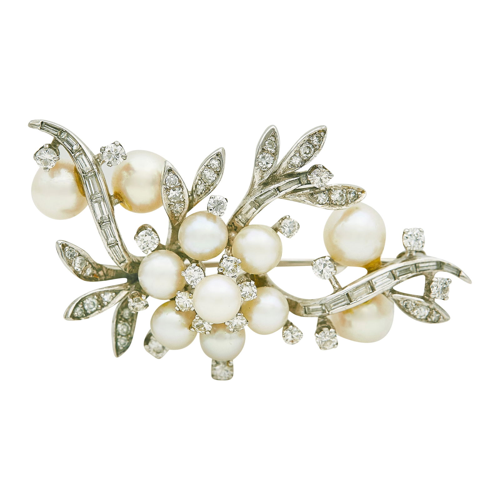 Palladium Culture Pearl and Diamond Floral Pin: METAL: Palladium; APPROXIMATE TOTAL DIAMOND WEIGHT: 1.20 ctw; GEMSTONES: Culture pearls approx. 5.00 mm to 7.00 mm in diameter; TESTED: Palladium; CONDITION: Pre-owned, Very Good; ITEM WEIGHT (GRAMS):