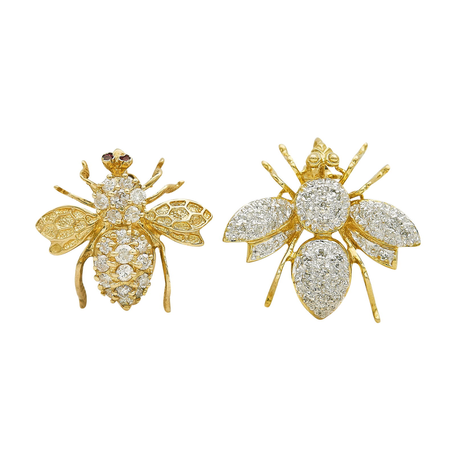 Set of Two 14K Yellow and White Gold Diamond Bee Pins: METAL: 14K Yellow Gold/White Gold; APPROXIMATE TOTAL DIAMOND WEIGHT: 0.57 ctw; GEMSTONES: Garnet; STAMPED: Maker's marks; One marked 14K and one marked 585; TESTED: 14K Yellow Gold/White Gold; CONDITI