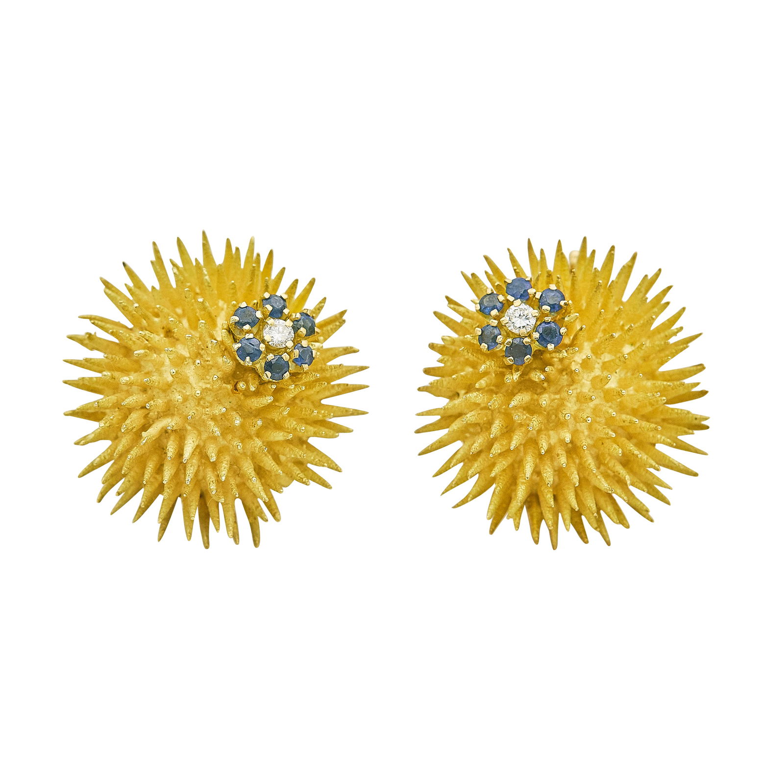 Midcentury Tiffany & Co. Sea Urchin 18K Yellow Gold Sapphire and Diamond Earrings: BRAND: Tiffany & Co.; COLLECTION: Sea Urchin; METAL: 18K Yellow Gold; APPROXIMATE TOTAL DIAMOND WEIGHT: 0.08 ctw; GEMSTONES: Blue Sapphire; STAMPED: Tiffany & Co., Pat. numbered, 18K; CONDITION: Pre-o