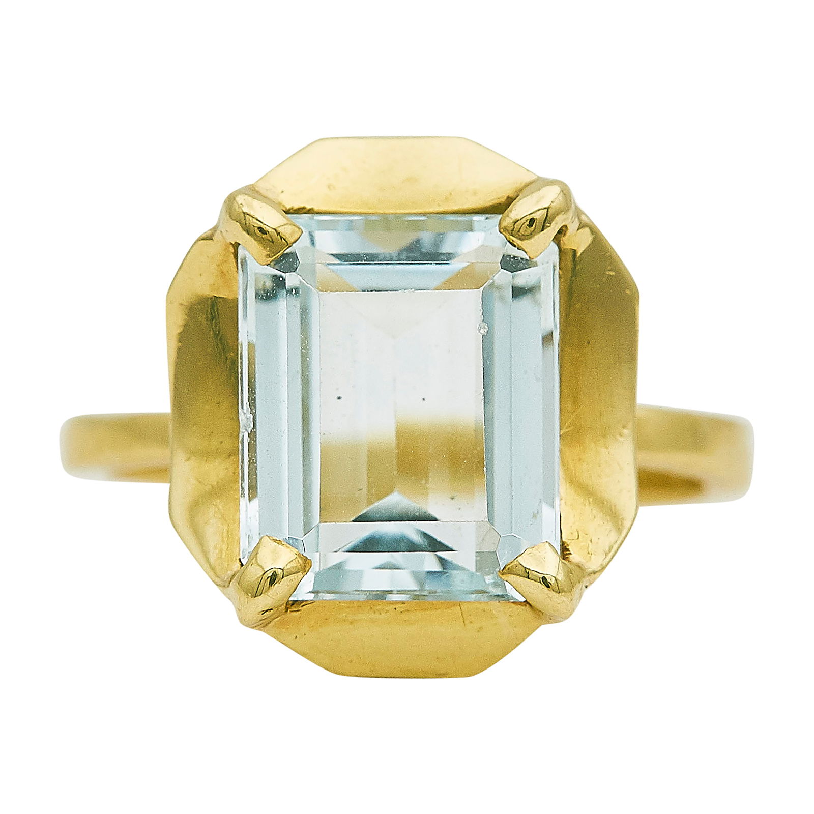 H. Stern 18K Yellow Gold Emerald Cut Aquamarine Ring: BRAND: H. Stern; METAL: 18K Yellow Gold; GEMSTONES: Aquamarine; STAMPED: Maker's mark, numbered; CONDITION: Pre-owned, Good; ITEM WEIGHT (GRAMS): 5.74 g; MEASUREMENTS: Ring size 6 1/2