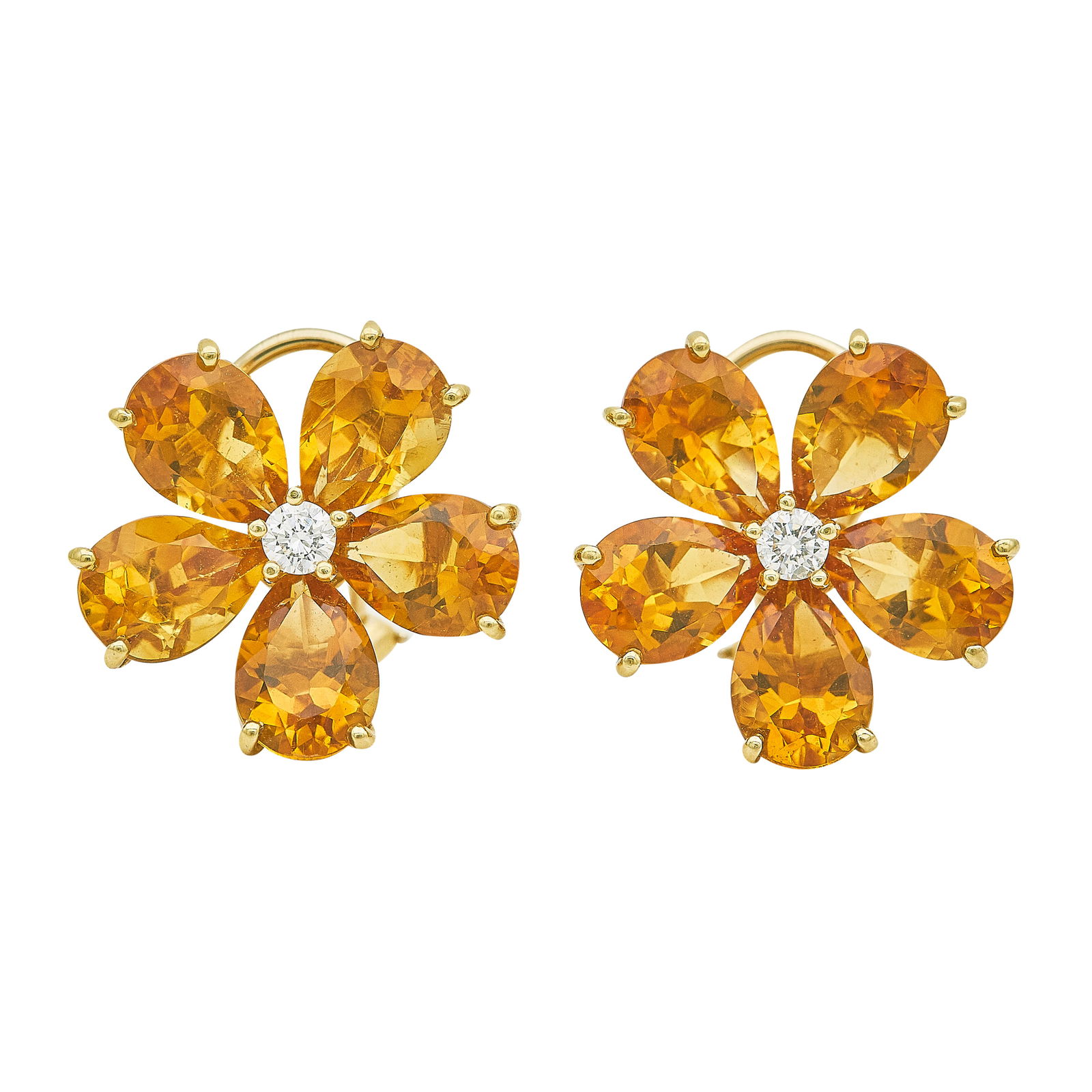 Valentin Magro 18K Yellow Gold Citrine and Diamond Flower Earrings: BRAND: Valentin Magro; METAL: 18K Yellow Gold; APPROXIMATE TOTAL DIAMOND WEIGHT: 0.34 ctw; GEMSTONES: Citrine; STAMPED: Valentin Magro, 18K; CONDITION: Pre-owned, Very Good; ITEM WEIGHT (GRAMS): 13.67