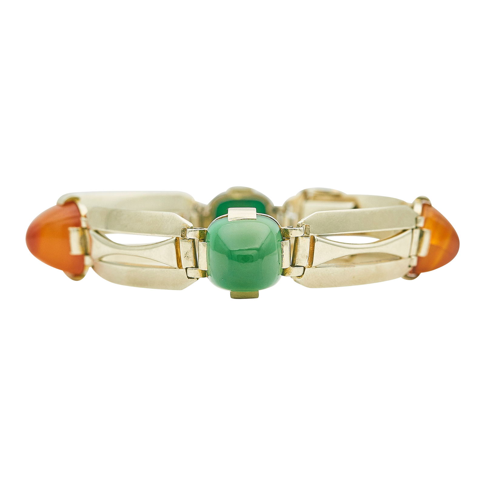 French Art Deco 18K White and Yellow Gold Green and Brown Stone Bracelet: METAL: 18K White Gold/Yellow Gold; GEMSTONES: Reddish brown and green stones; STAMPED: French eagles head; CONDITION: Pre-owned, Very Good; ITEM WEIGHT (GRAMS): 55.1 g; MEASUREMENTS: Bracelet 8 inches
