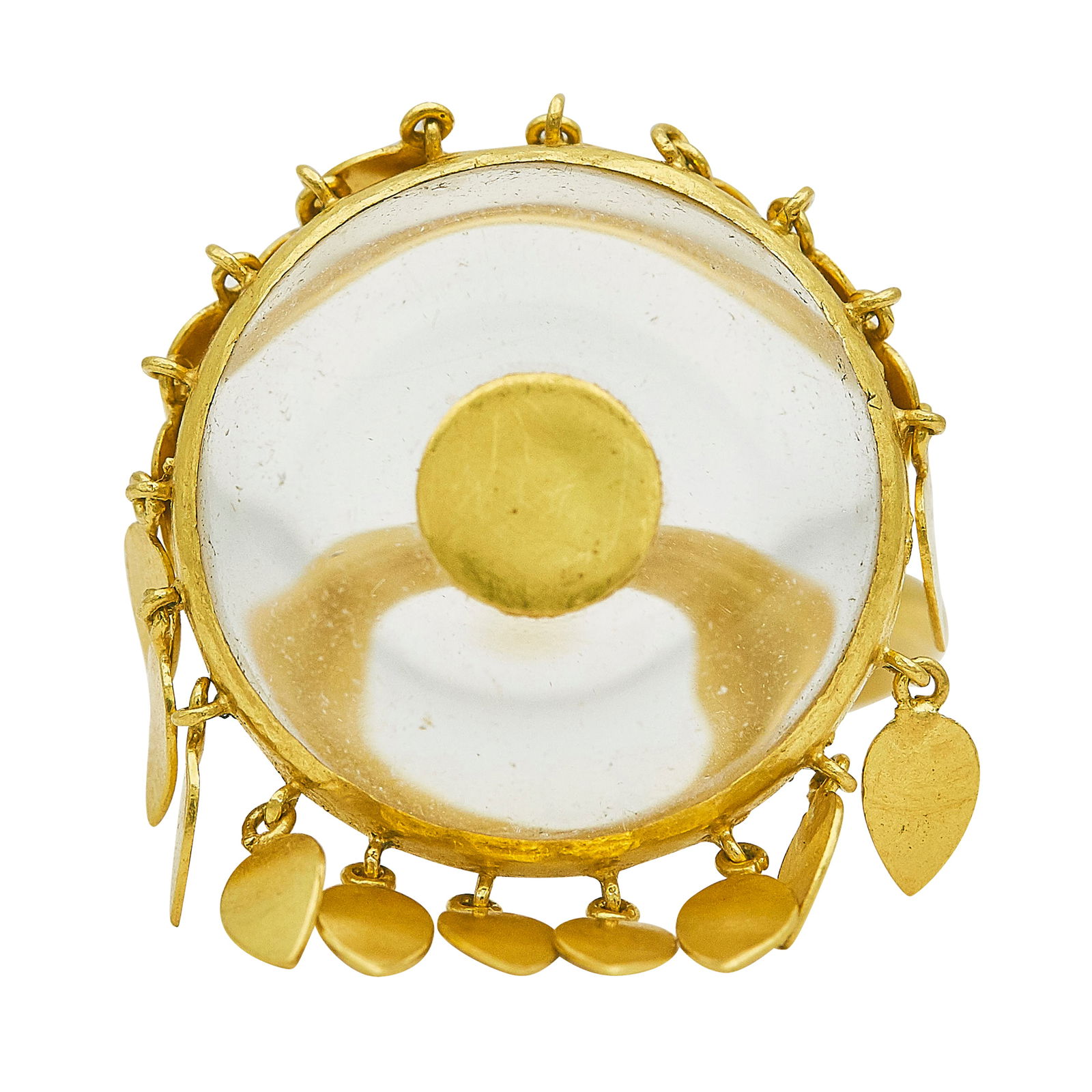 Indian 22K Yellow Gold and Rock Crystal Shake Ring: METAL: 22K Yellow Gold; GEMSTONES: Rock Crystal; TESTED: 22K Yellow Gold; CONDITION: Pre-owned, Good; ITEM WEIGHT (GRAMS): 15.4 g; MEASUREMENTS: Ring size 7, Center 7/8 inch in diameter; ADDITIONAL CO