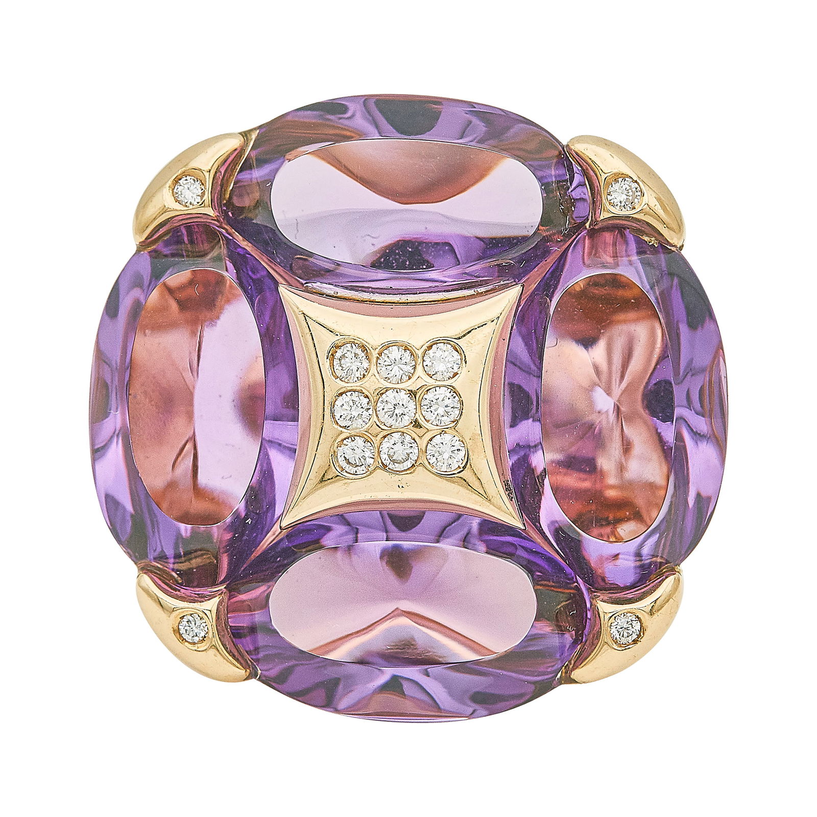 18K Rose Gold Amethyst And Diamond Cocktail Ring: METAL: 18K Rose Gold; APPROXIMATE TOTAL DIAMOND WEIGHT: 0.20 ctw; GEMSTONES: Amethyst; STAMPED: ITALY, Italian makers mark, 750; CONDITION: Pre-owned, Very Good; ITEM WEIGHT (GRAMS): 21.3 g; MEASUREME