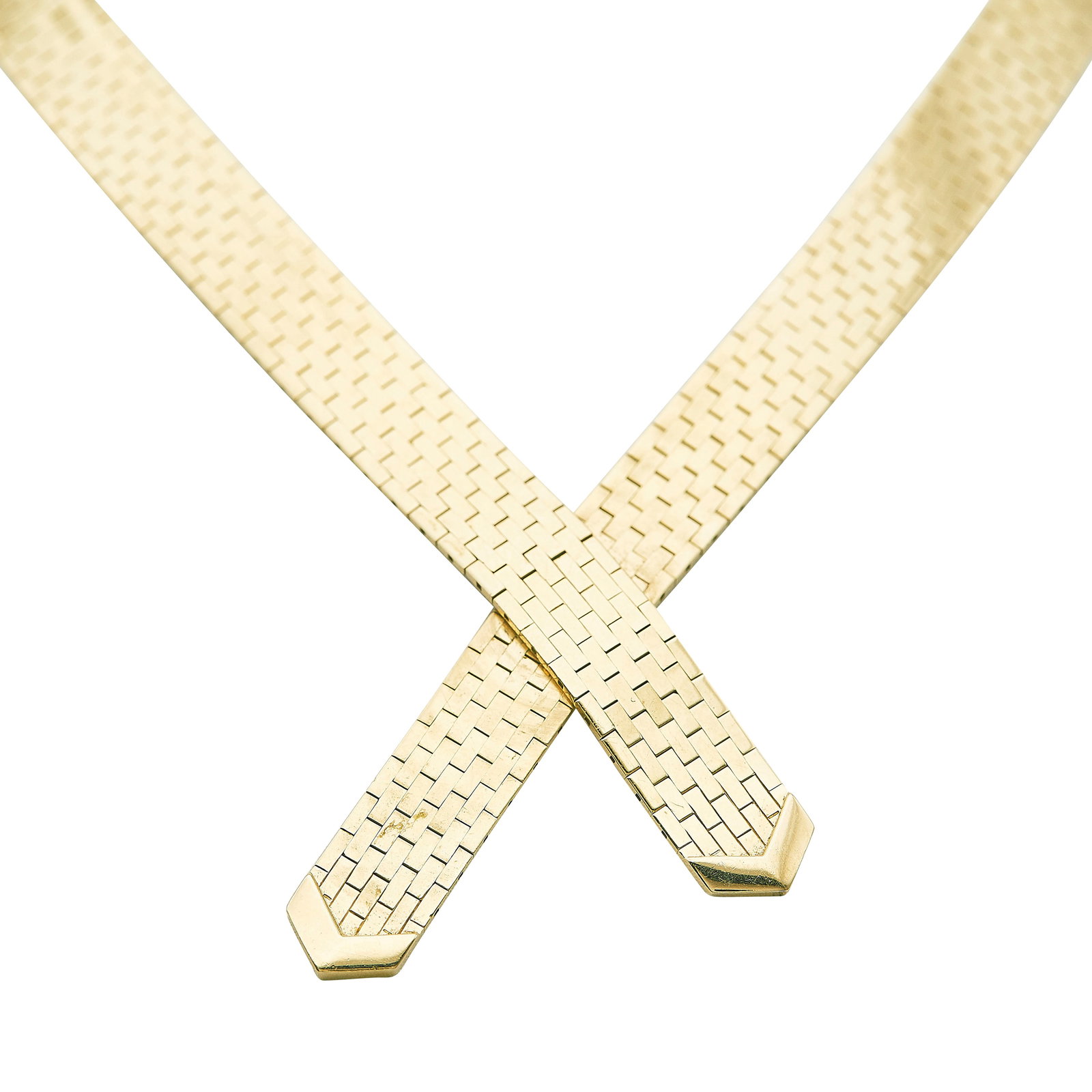 Vintage Tiffany & Co. 14K Yellow Gold Brick Link Collar Necklace: BRAND: Tiffany & Co.; METAL: 14K Yellow Gold; STAMPED: TIFFANY & CO; TESTED: 14K Yellow Gold; CONDITION: Pre-owned, Good; ITEM WEIGHT (GRAMS): 57.9 g; MEASUREMENTS: Necklace measures approx. 16 inches