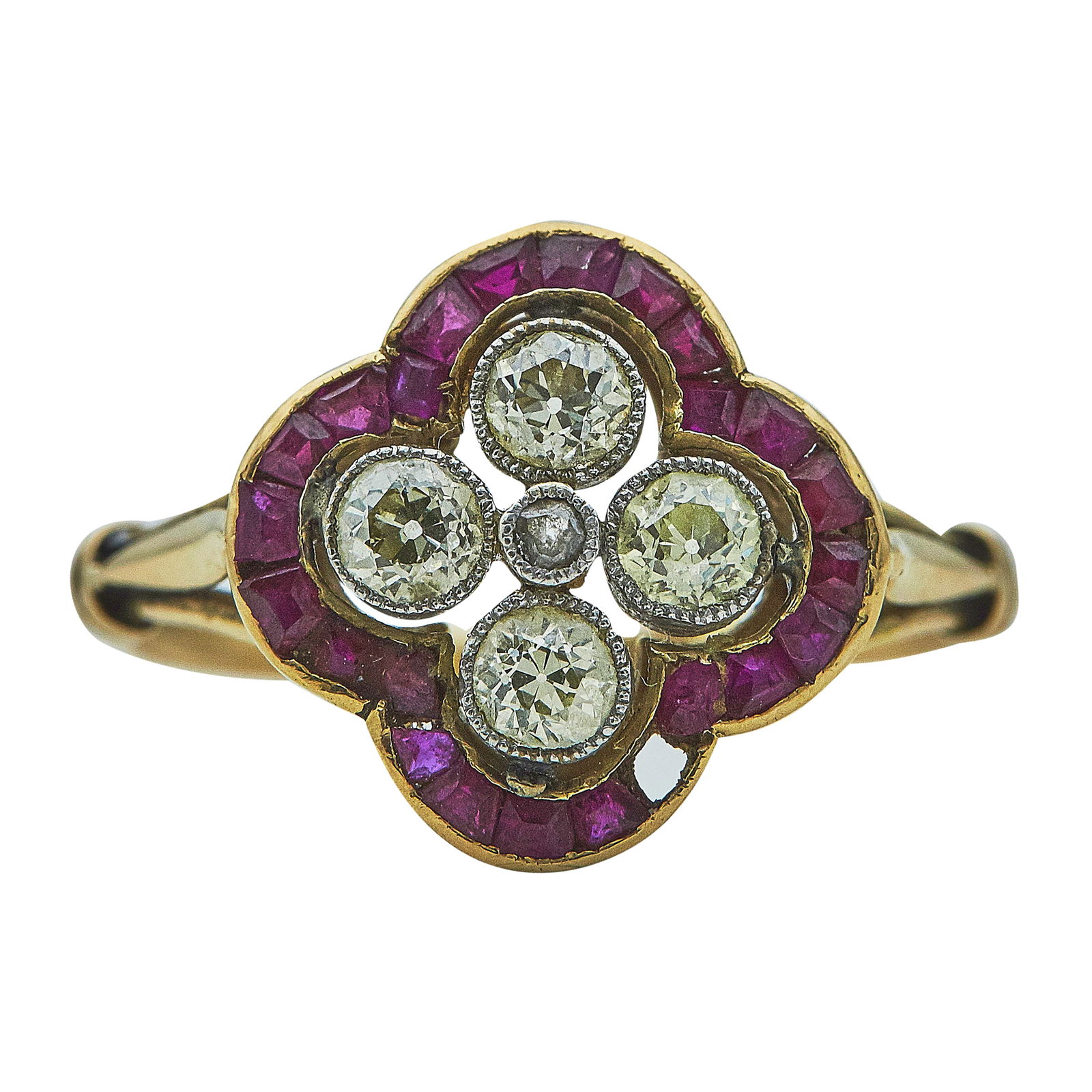 Vintage 18K Yellow Gold And Platinum Ruby And Diamond Quatrefoil Ring (1 of 3)