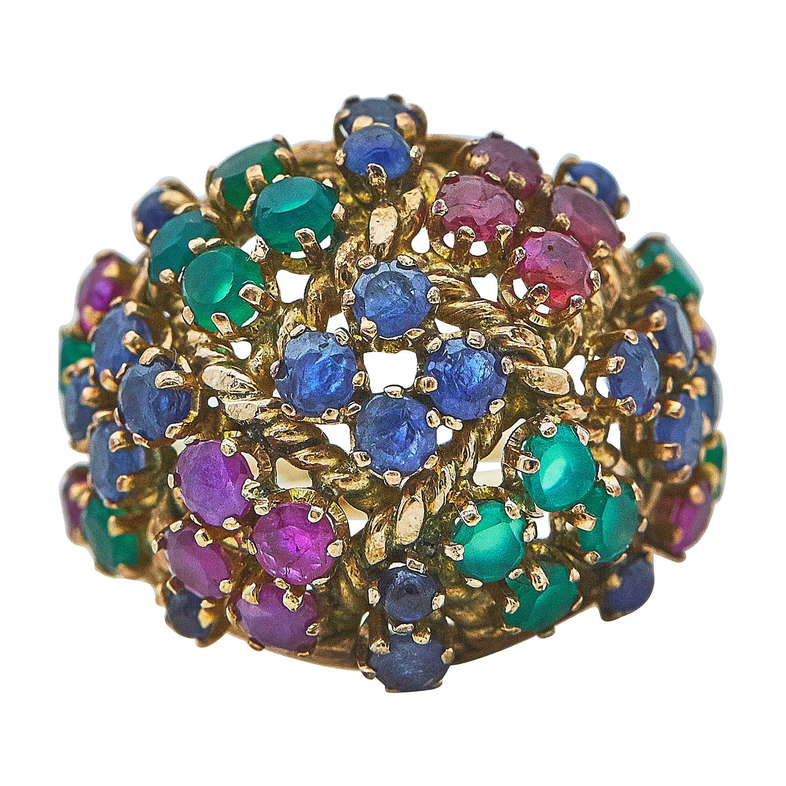 Retro 14K Rose Gold Sapphire, Chrysoprase, and Ruby Bombé Ring (1 of 3)