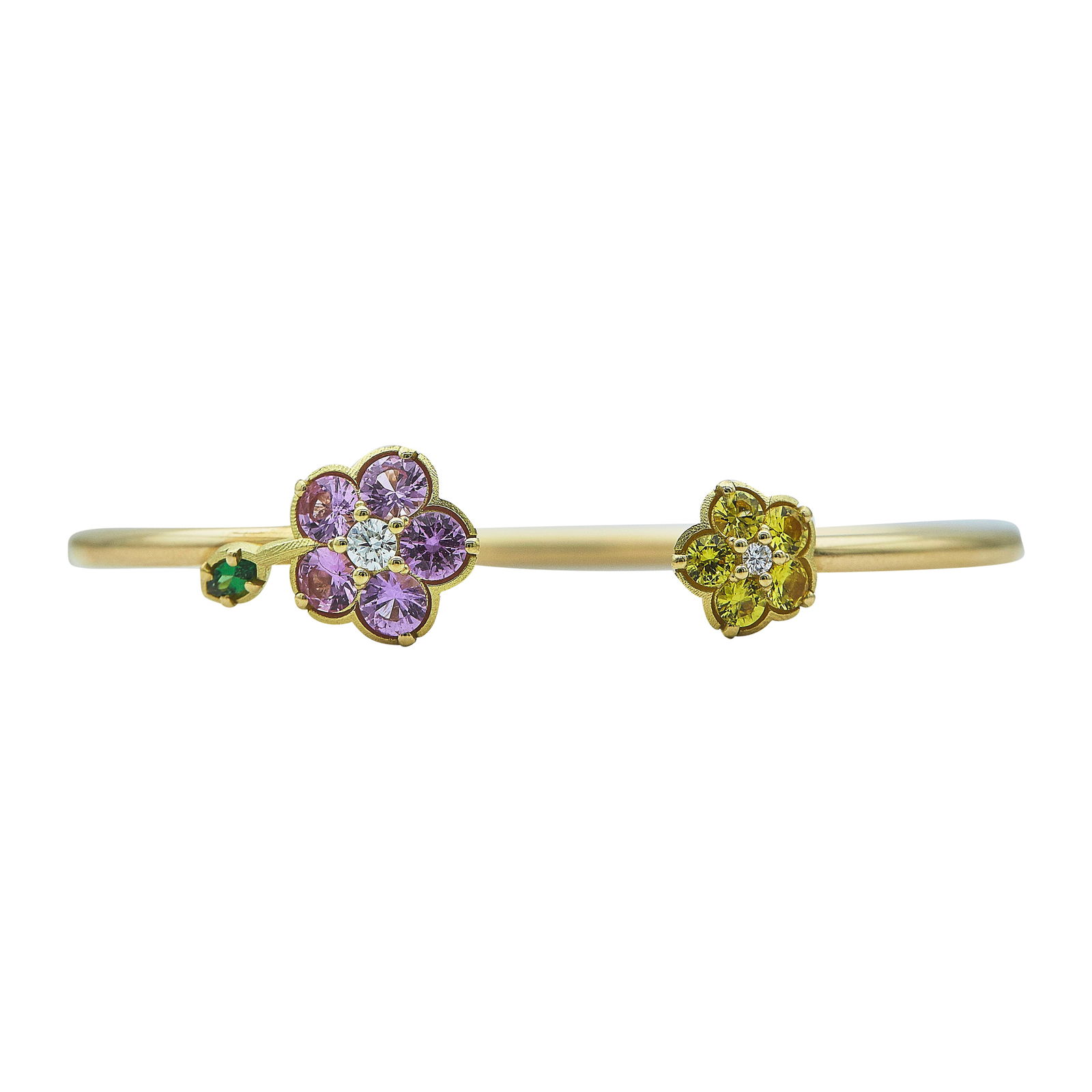 Paul Morelli 18K Yellow Gold, Diamond, Sapphire And Tsavorite Wild Child Bangle Bracelet: BRAND: Paul Morelli; METAL: 18K Yellow Gold; APPROXIMATE TOTAL DIAMOND WEIGHT: 0.14 ctw; GEMSTONES: Pink sapphires weighing 1.45 cttw; yellow sapphires weighing 0.75 cttw; Tsavorite weighing 0.08 cara