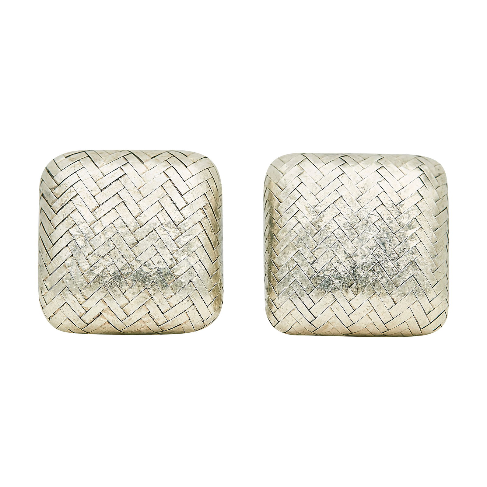 Angela Cummings Woven Sterling Silver Square Earrings: BRAND: Angela Cummings; METAL: Sterling Silver; STAMPED: Cummings, Sterling, © 1984; CONDITION: Pre-owned, Very Good; ITEM WEIGHT (GRAMS): 16.7 g; MEASUREMENTS: Earrings 3/4 inch long; ADDITIONAL COM