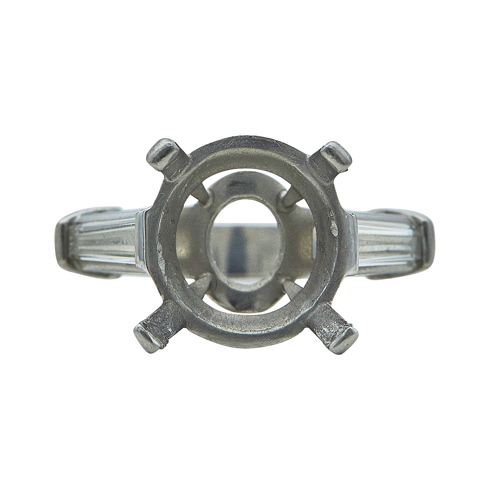 Platinum and Diamond Engagement Ring Setting: METAL: Platinum; APPROXIMATE TOTAL DIAMOND WEIGHT: 0.48 ctw; STAMPED: PLAT; CONDITION: Pre-owned, Good; ITEM WEIGHT (GRAMS): 8.56 g; MEASUREMENTS: Ring size 5, Center will fit approx. 10.50mm round st