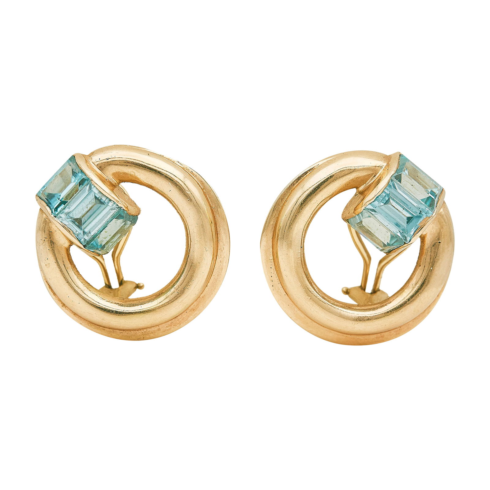 14K Rose Gold And Blue Zircon Circle Drop Earrings: METAL: 14K Rose Gold; GEMSTONES: Blue Zircon weighing approx. 6.50 cttw, weight estimated by formula, abrasions on table; STAMPED: 14K; CONDITION: Pre-owned, Good; ITEM WEIGHT (GRAMS): 12.1 g; MEASURE